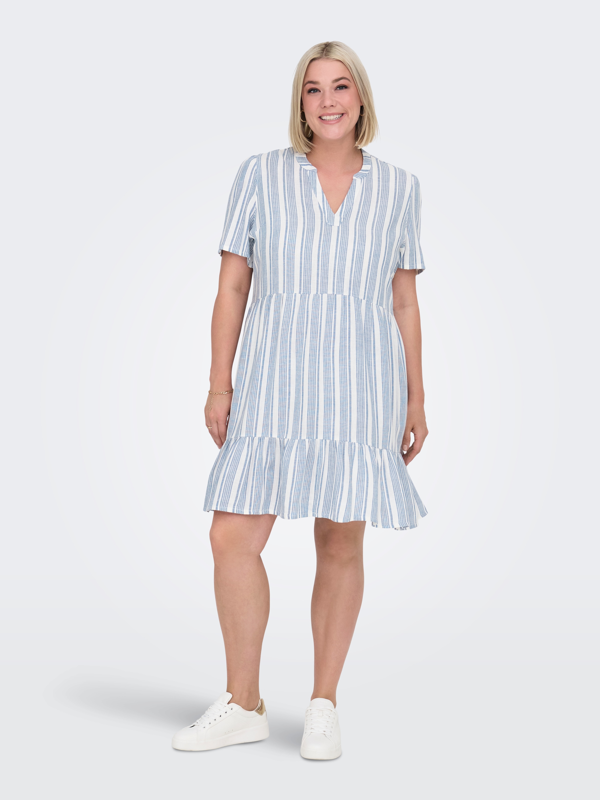 ONLY CARMAKOMA Minikleid »CARTIRI-CARO S/S V-NECK LIN DRESS TLR«, mit Volant im Tunika Style