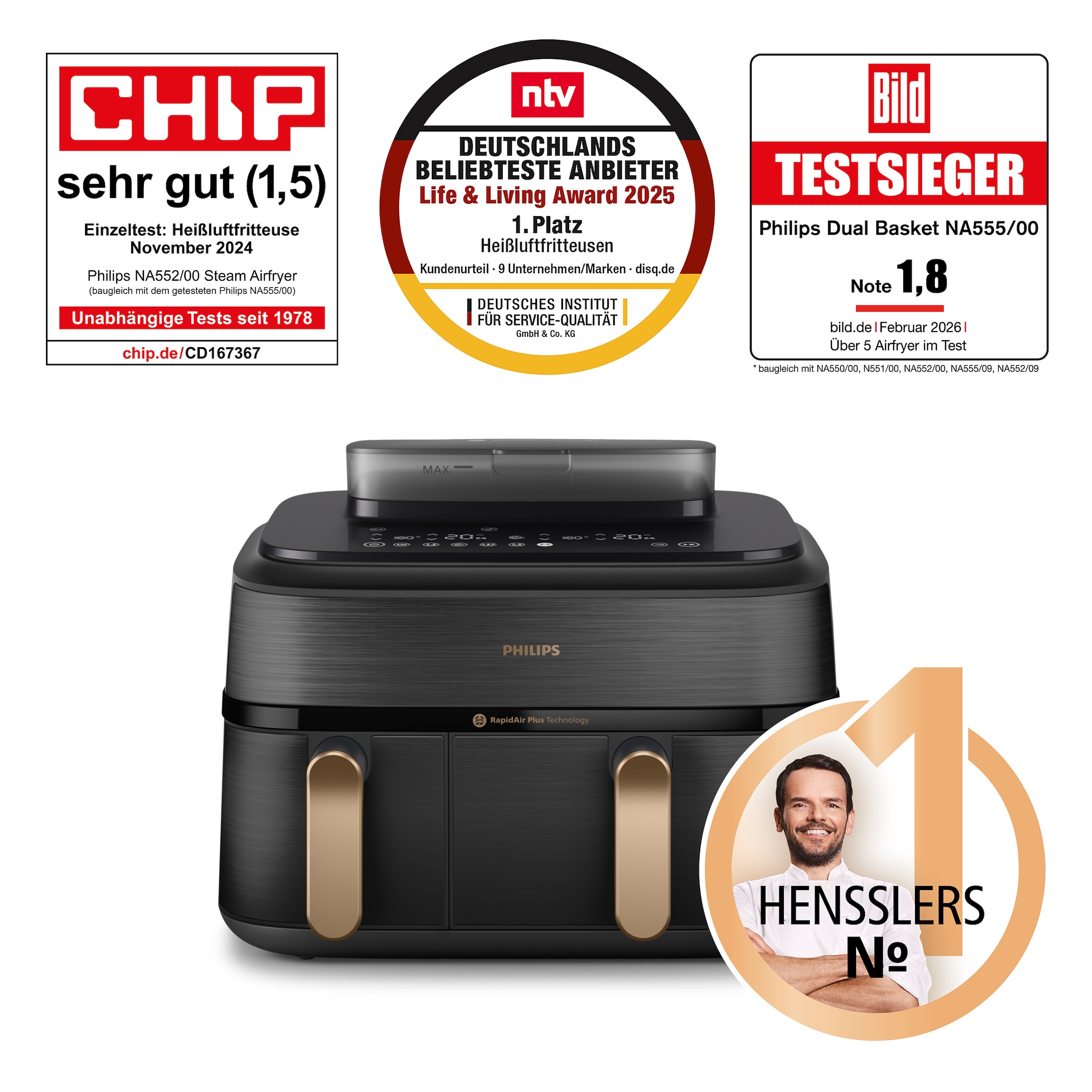 Philips Heißluftfritteuse »NA555/00 Steam Airfryer 5000 Series Dual Basket, 9L Kapazität (3L+6L)« 2750 W mit Dampfgar-Funktion; Silber/Edelstahl