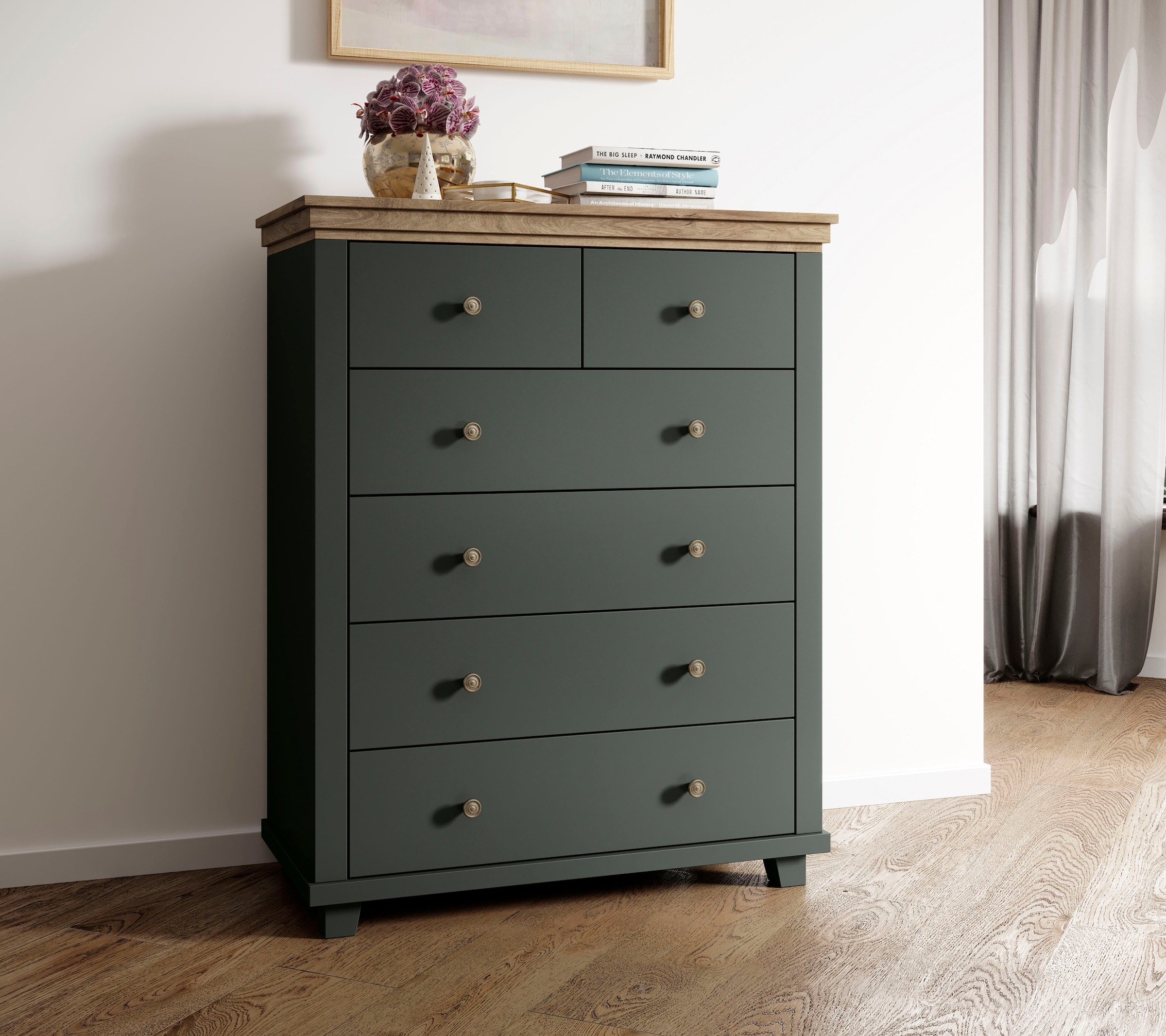 Home affaire "Evora mit 6 Schubladen, viel Stauraum, 90x42x112,5 cm (BxTxH) FSC" Kommode mit MDF-Applikationen, Landhausstil, passende Ergänzung