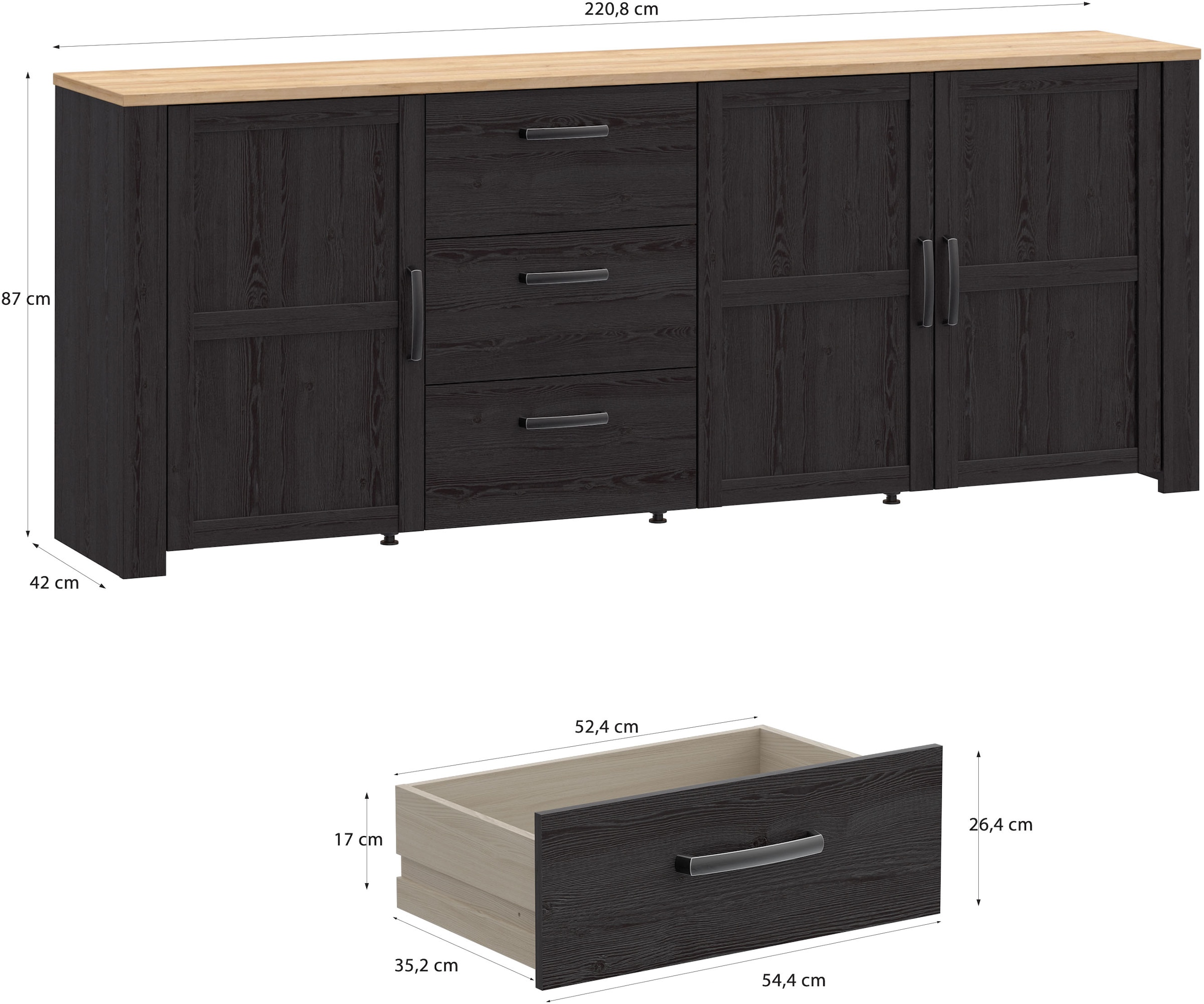 FORTE Sideboard »Bohol, großes Sideboard,Breite 2,20 mtr. Soft-Close, Stauraum« B/H/T 220,8/87/42cm, 3 Türen, 3 SK
