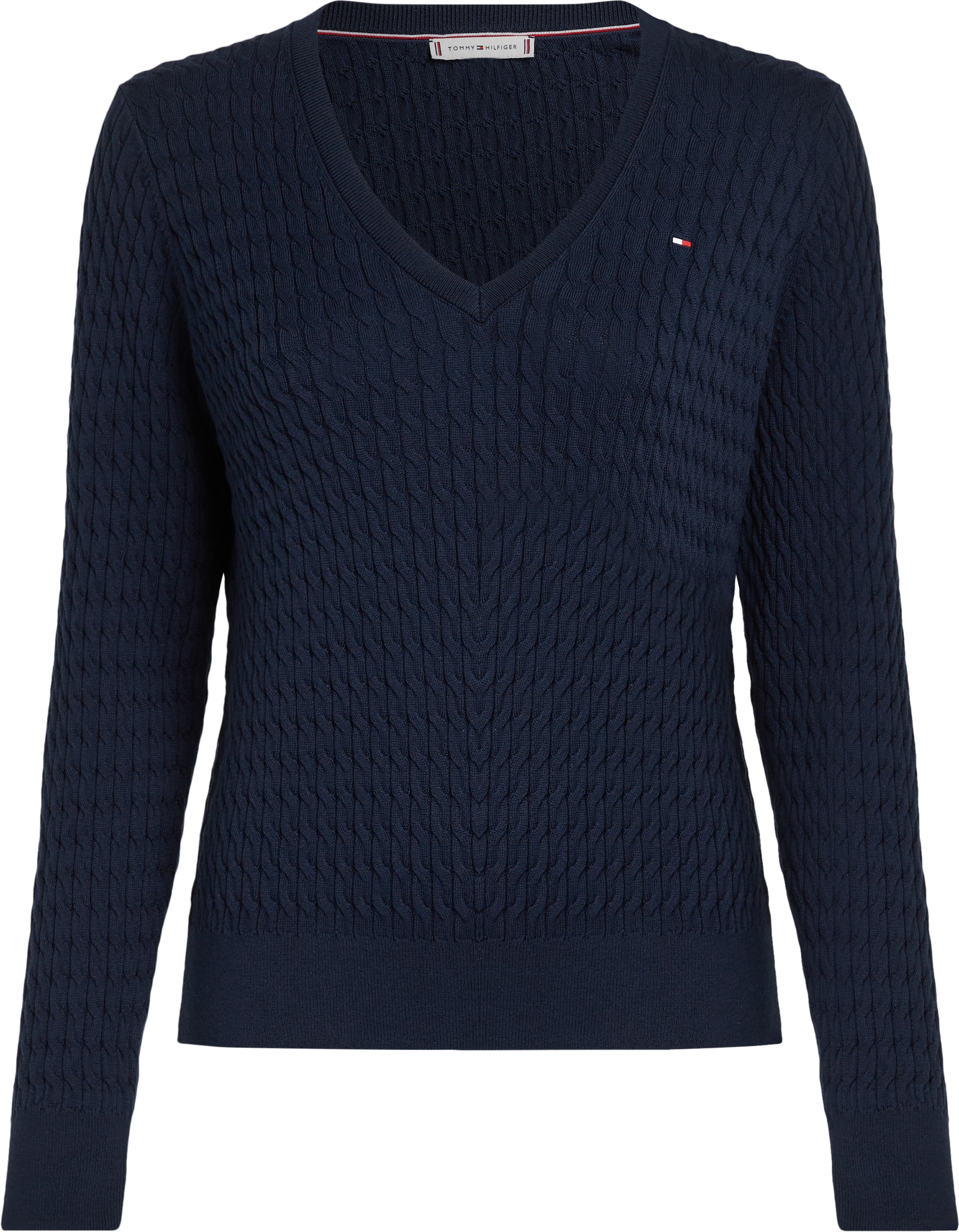 Tommy Hilfiger V-Ausschnitt-Pullover »CO CABLE V-NK LS SWT«, mit Zopfmuster, Logostickerei