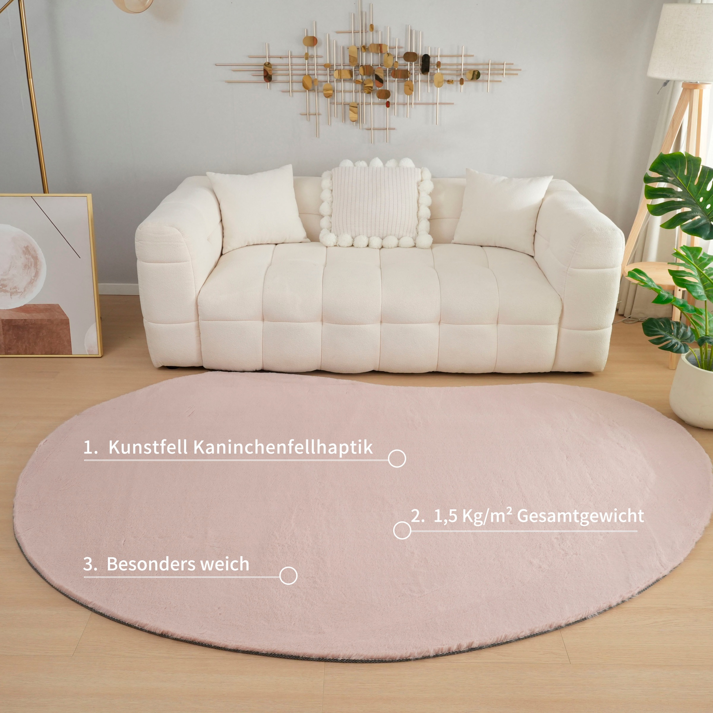Bruno Banani Hochflor-Teppich »Rabbit 2 Bean, Kunstfell Teppich, Modern, besondere Form«, U-förmig, 25 mm Höhe, Kaninchenfell-Haptik, Microfaser, Wohnzimmer, Schlafzimmer, Esszimmer
