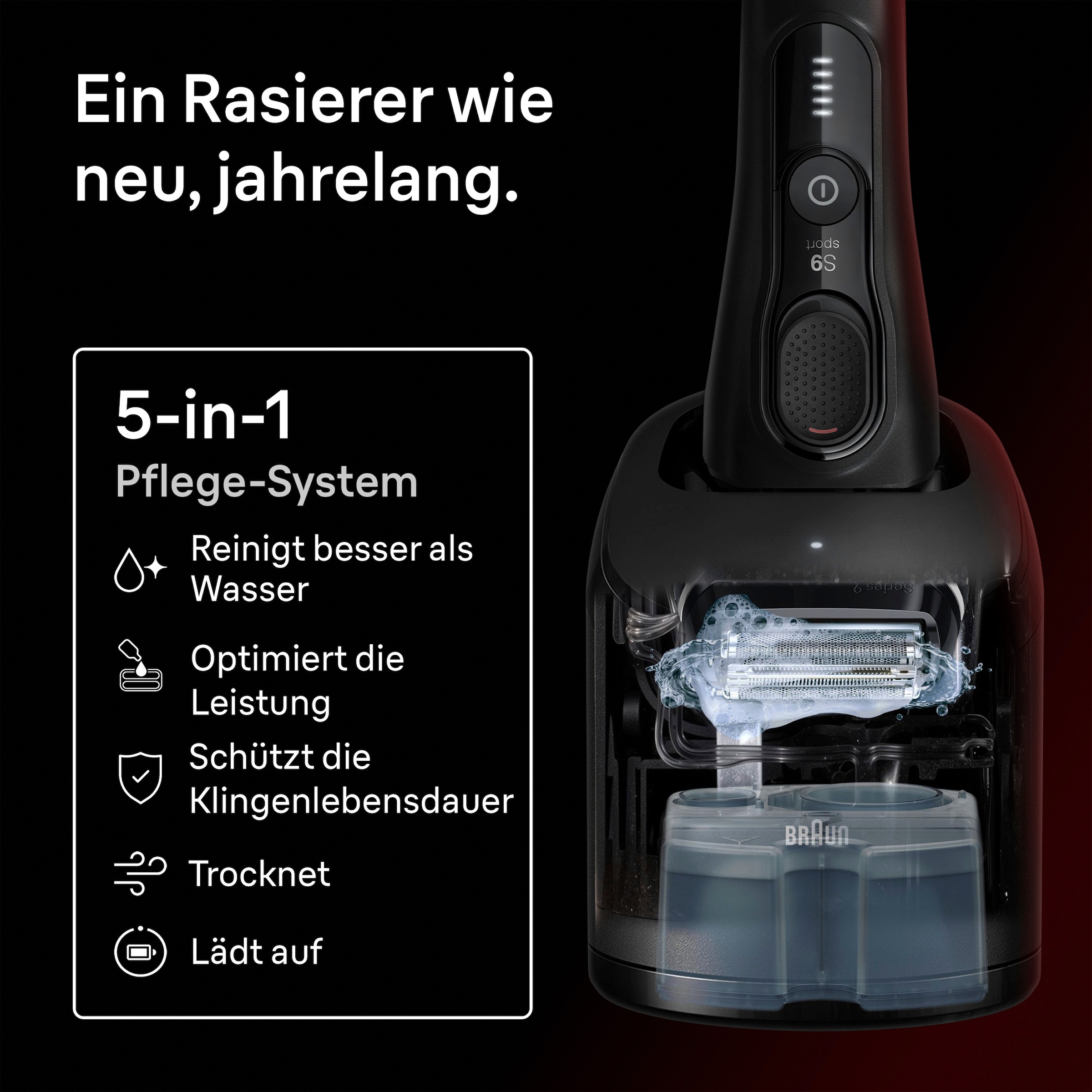 Braun Elektrorasierer »Series 9 Sport 9150cc« SmartClean-Plus-Reinigungsstation integrierter Präzisionstrimmer 5-in-1 Pflegesystem, SensoAdapt, 60 Min., Nass & Trocken, Schwarz