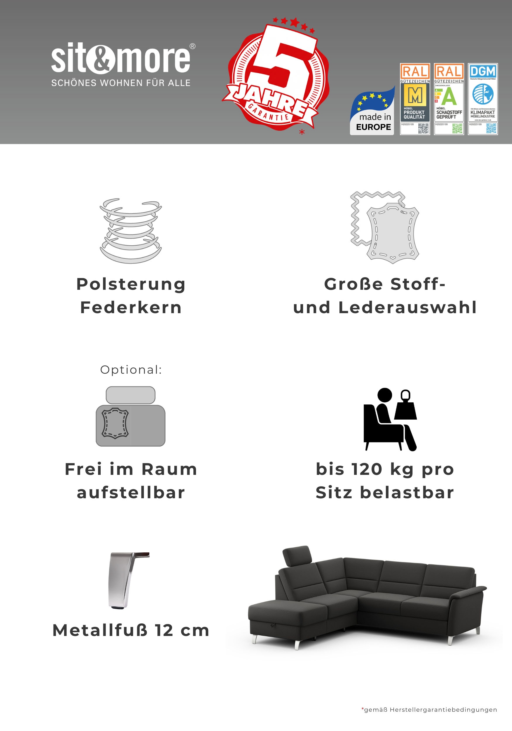 sit&more Ecksofa »Palmera L-Form, B: 244 cm« optional Schlaffunktion & Bettkasten, Federkern