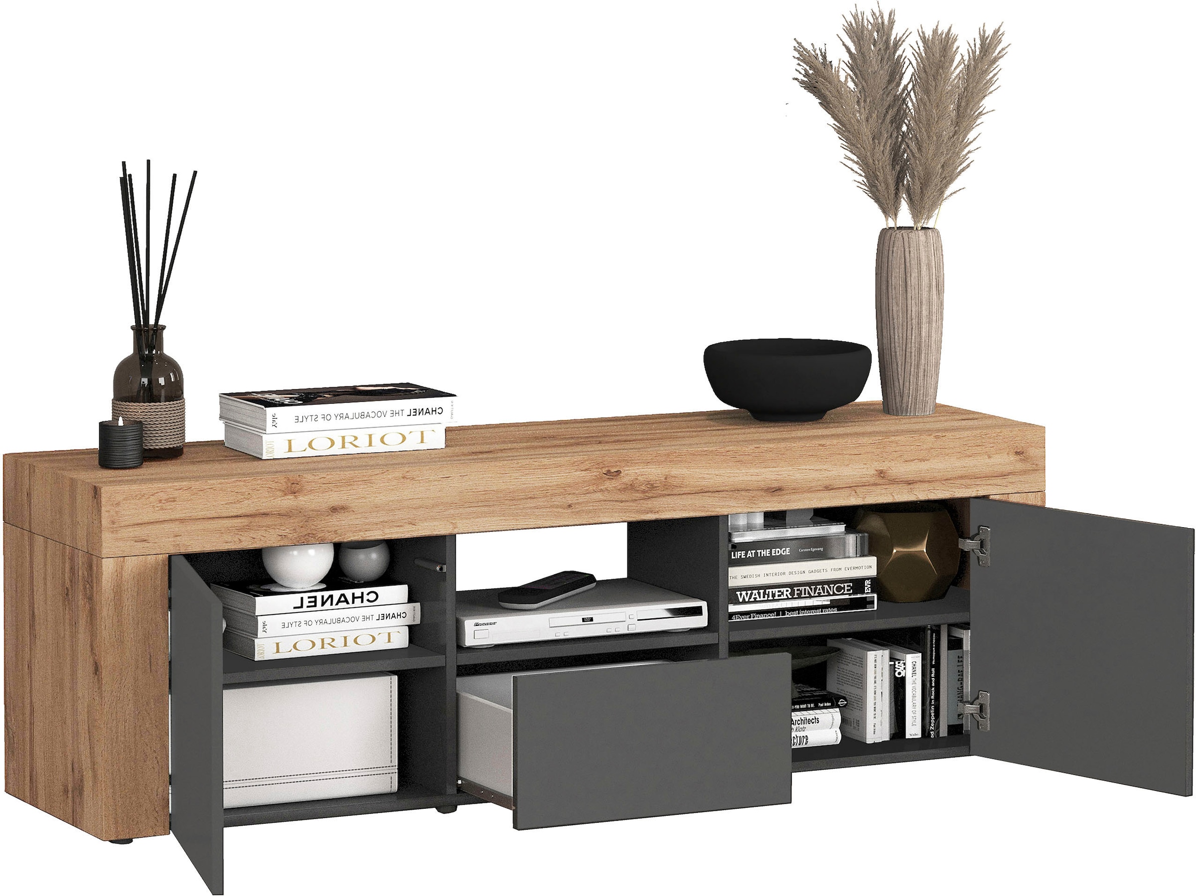 INOSIGN Lowboard »CHRONOS Breite 155 cm mit 2 Türen, 1 Schublade,1 offenes Fach«, (1 St.), TV-Board, Sideboard niedrig, Grifflos mit Push to Open 'Made in Italy'