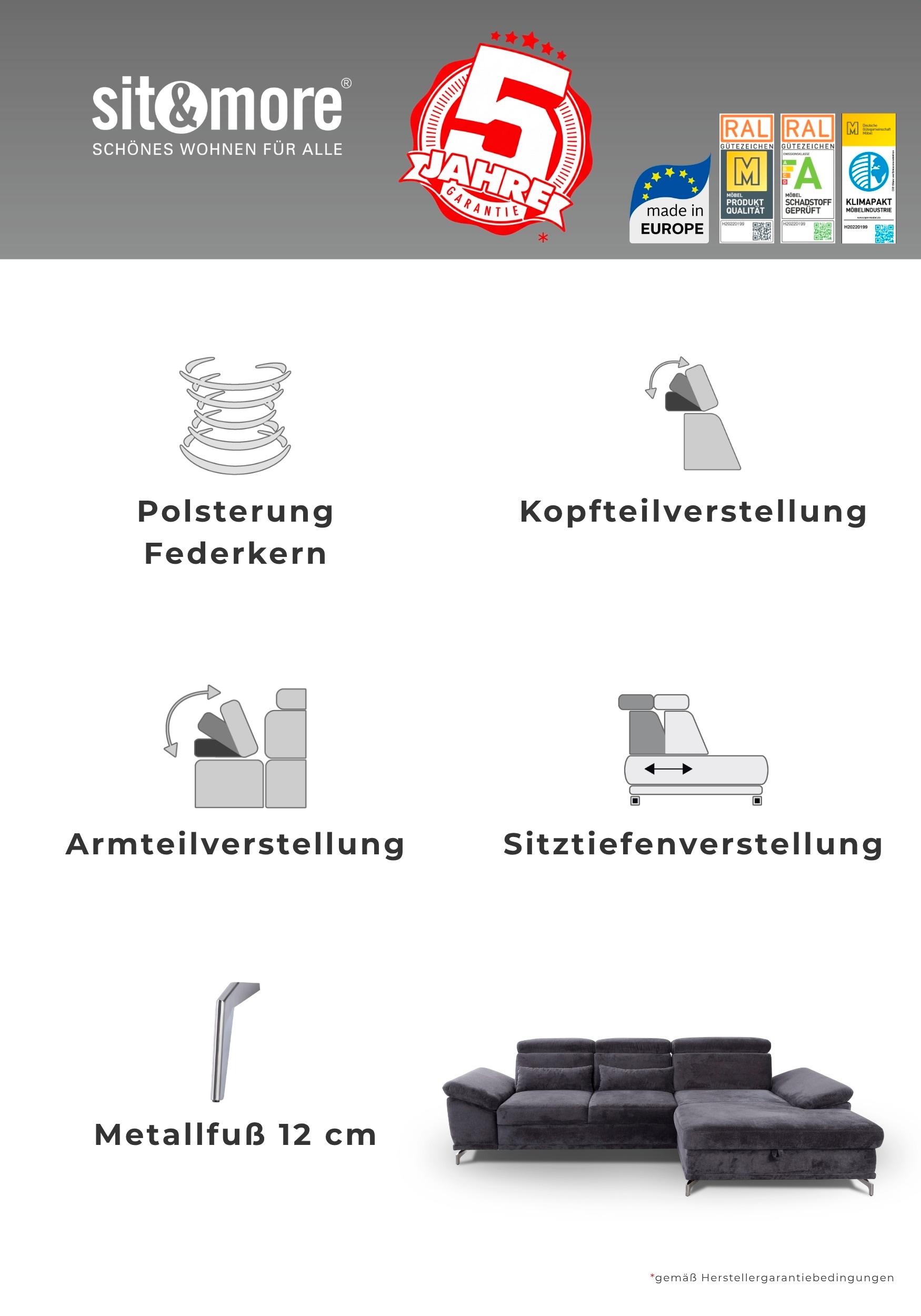 sit&more Ecksofa »Cabrio L-Form, B: 295 cm, mit Sitztiefen-, Arm- & Kopfteilverstellung« 2 Nierenkissen, Federkern, optional Schlaffunktion und Stauraum