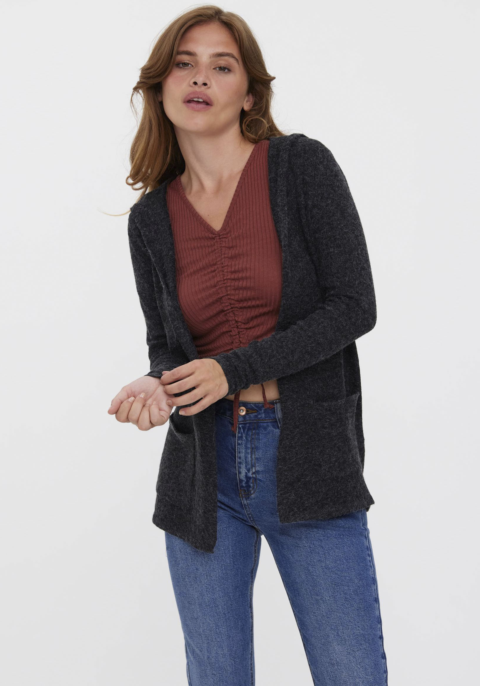 Vero Moda Strickjacke "VMDOFFY LS OPEN HOOD CARDIGAN GA NOOS" Materialmix, regular fit