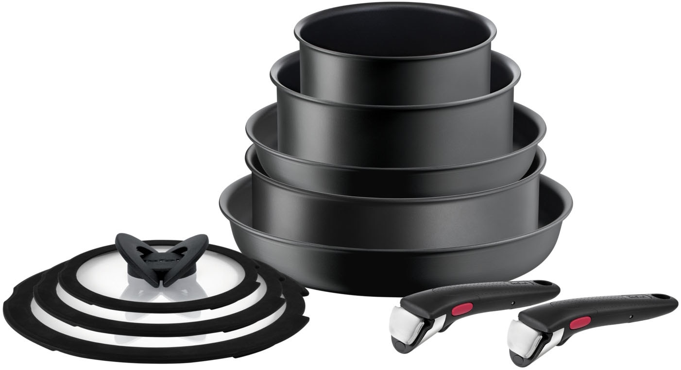 Tefal Topf-Set "Ingenio Ultimate, Topf und Pfannenset abnehmbarer Griff, stapelbar" Set, Kasserolle 16/20cm, Schmorpfanne 24cm, Pfanne 24/28cm, Deckel, Griffe, 10 Stk. tlg. Aluminium