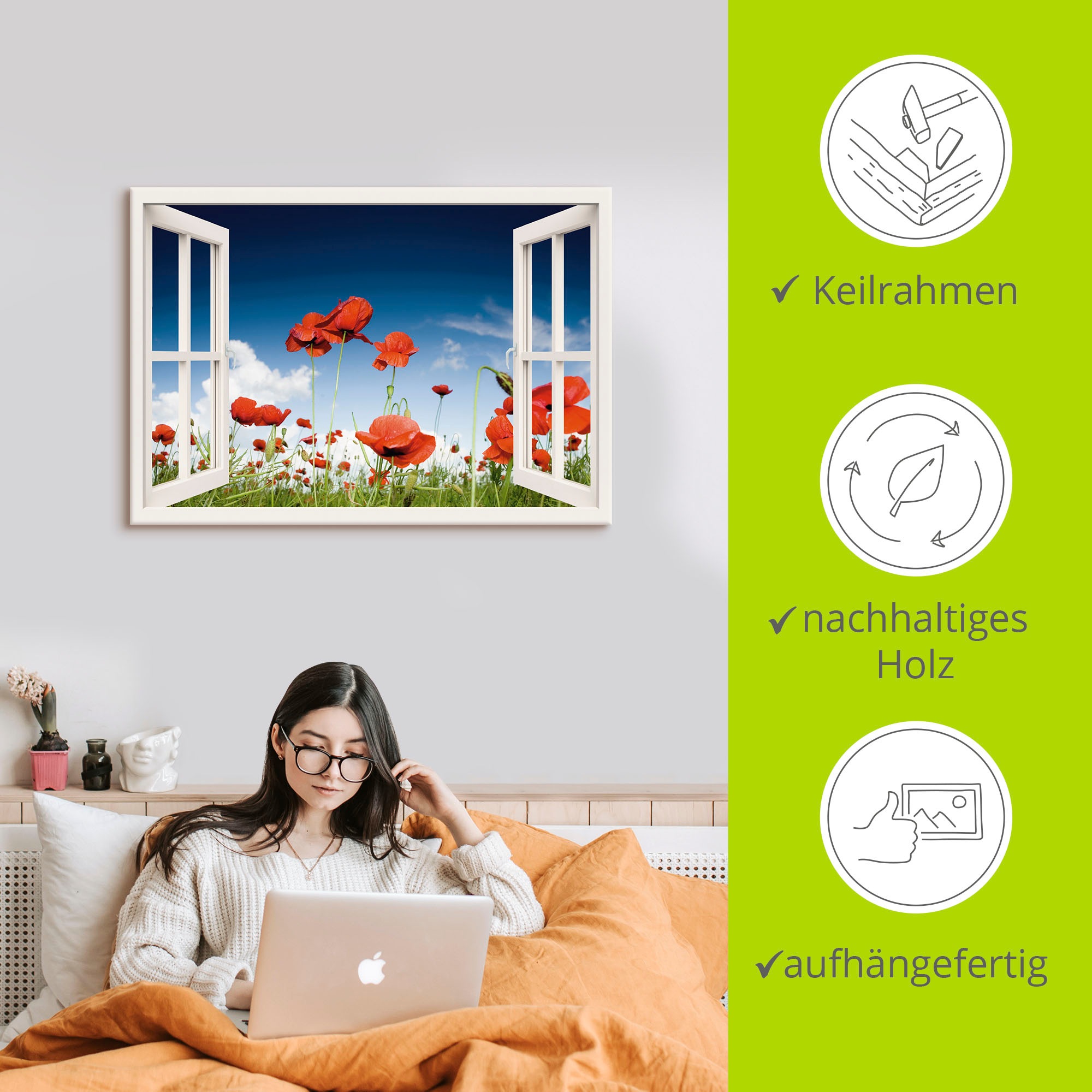 Artland Wandbild »Fensterblick Feld mit Mohnblumen«, Fensterblick, (1 St.), als Leinwandbild, Poster, Wandaufkleber in verschied. Größen