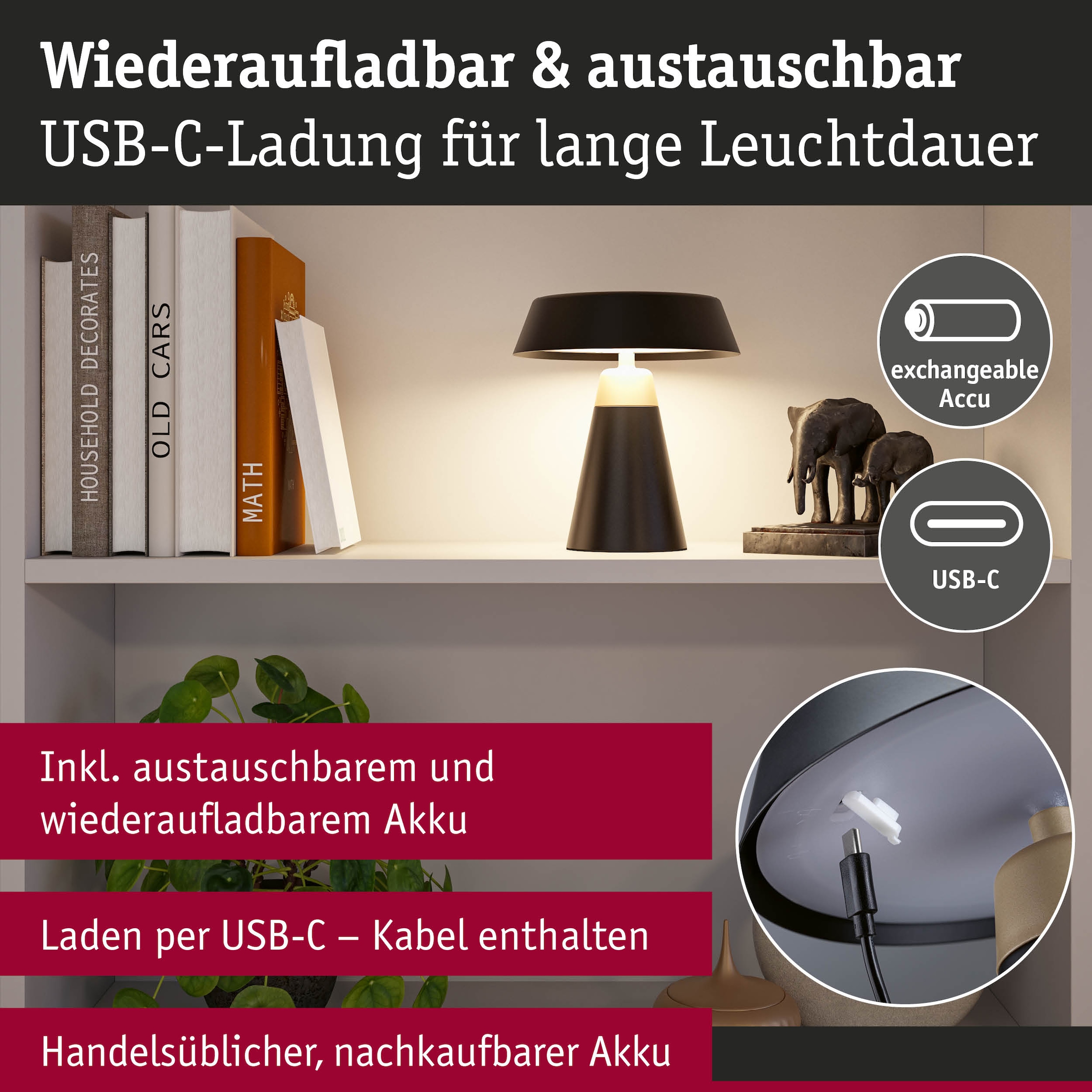 Paulmann LED Tischleuchte »Lirox IP44 WhiteSwitch 1,5W USBC« LED-Modul 1 Stk. warmweiß - kaltweiß Dimmbar