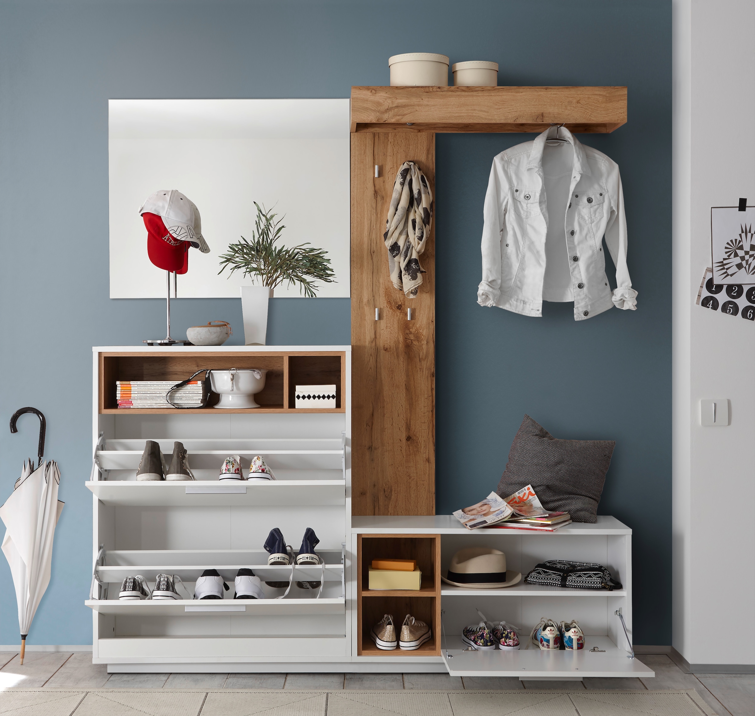 HBZ Kompaktgarderobe »Milano mit Spiegel, BxHxT 177x195x32 cm«, (1 St.), Mit Schuhkommode, Paneel, Bank und Spiegel