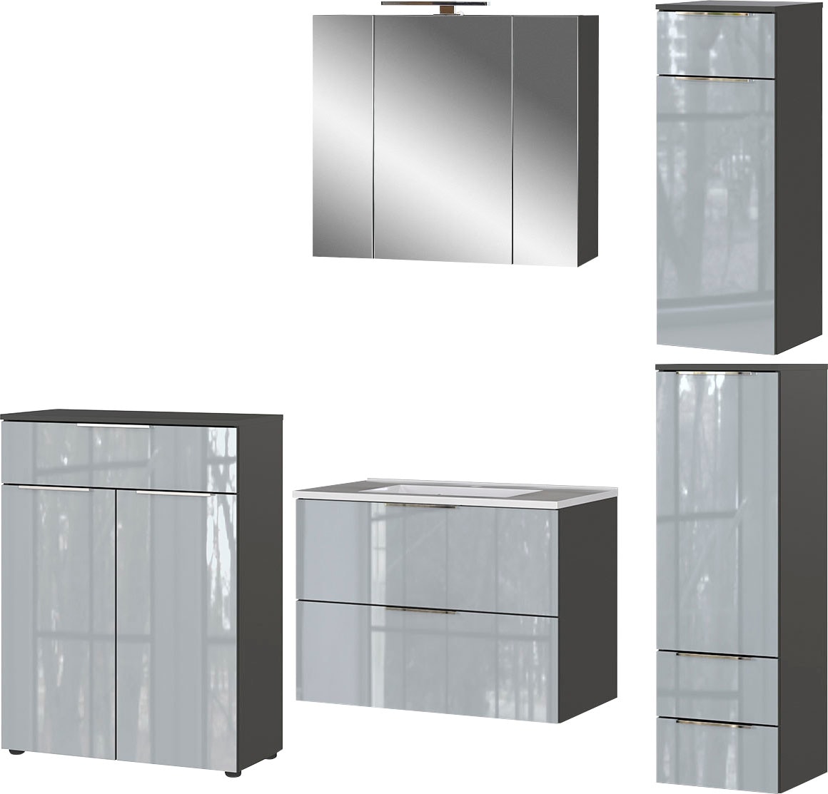 GERMANIA Badmöbel-Set »Oakland«, (5 St.), inkl. WT-Unterschrank, Spiegelschrank, Schrank, Mediumschrank, Kommode