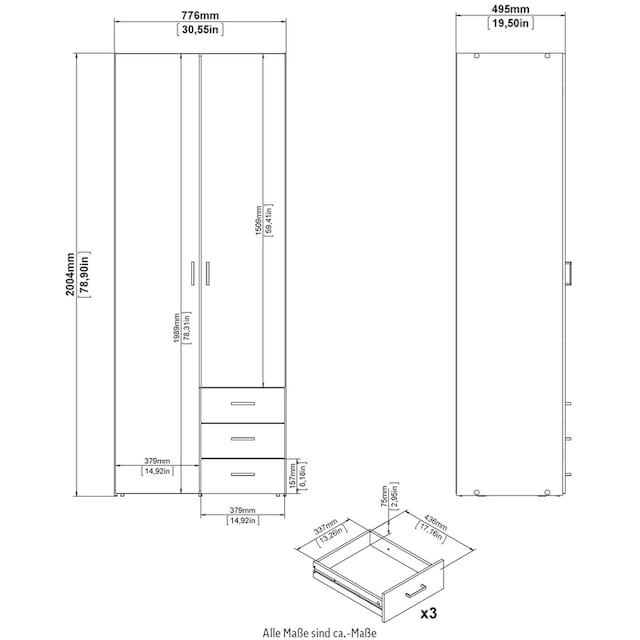 Home affaire Kleiderschrank, Mit viel Stauraum, graue Stangengriffe, Gr.  ca. 200,4 x 77,6 x 49,5 cm | BAUR