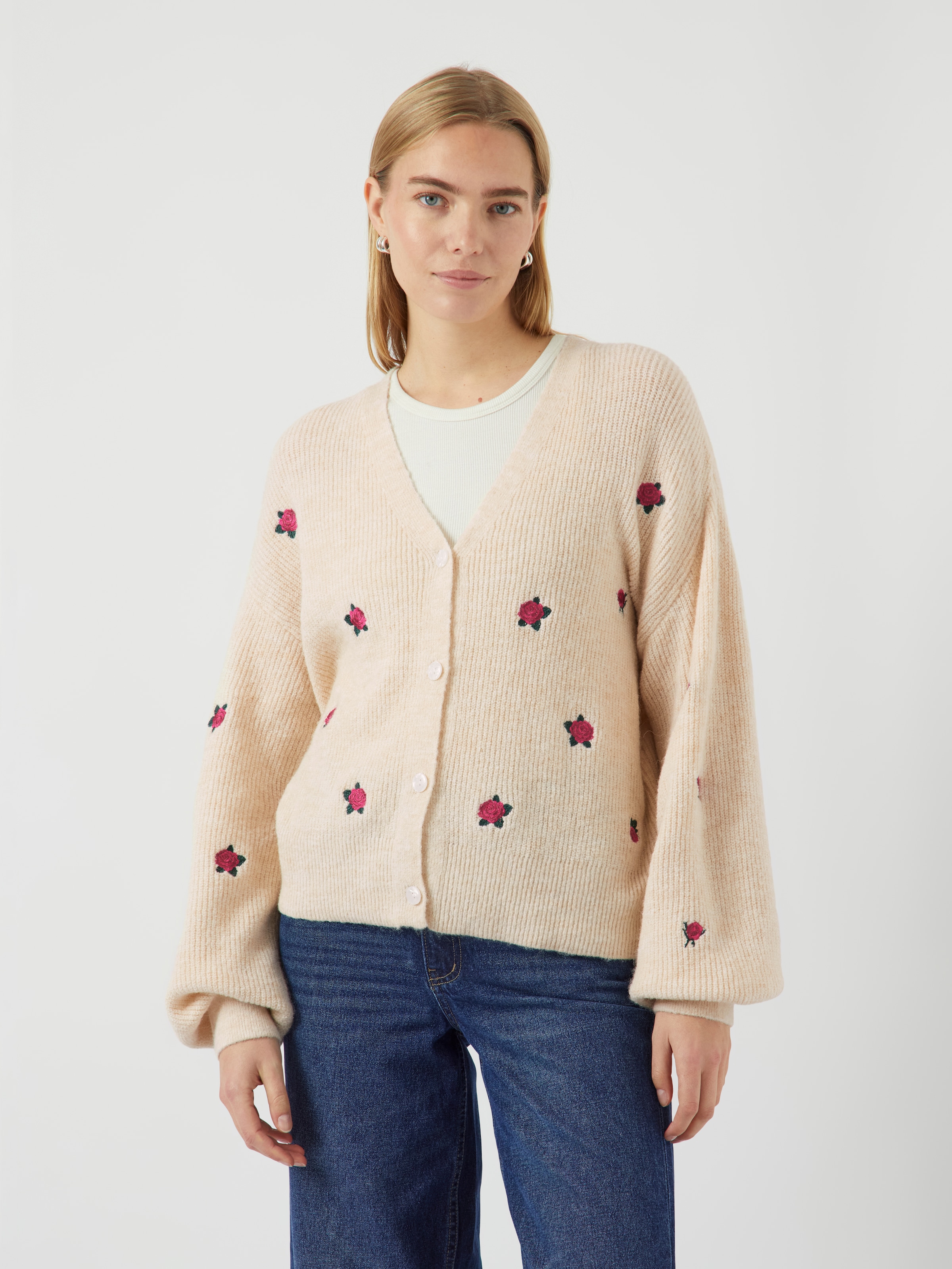 Y.A.S Strickjacke "YASFLEUR LS KNIT CARDIGAN S. NOOS" Materialmix, regular fit, bestickt