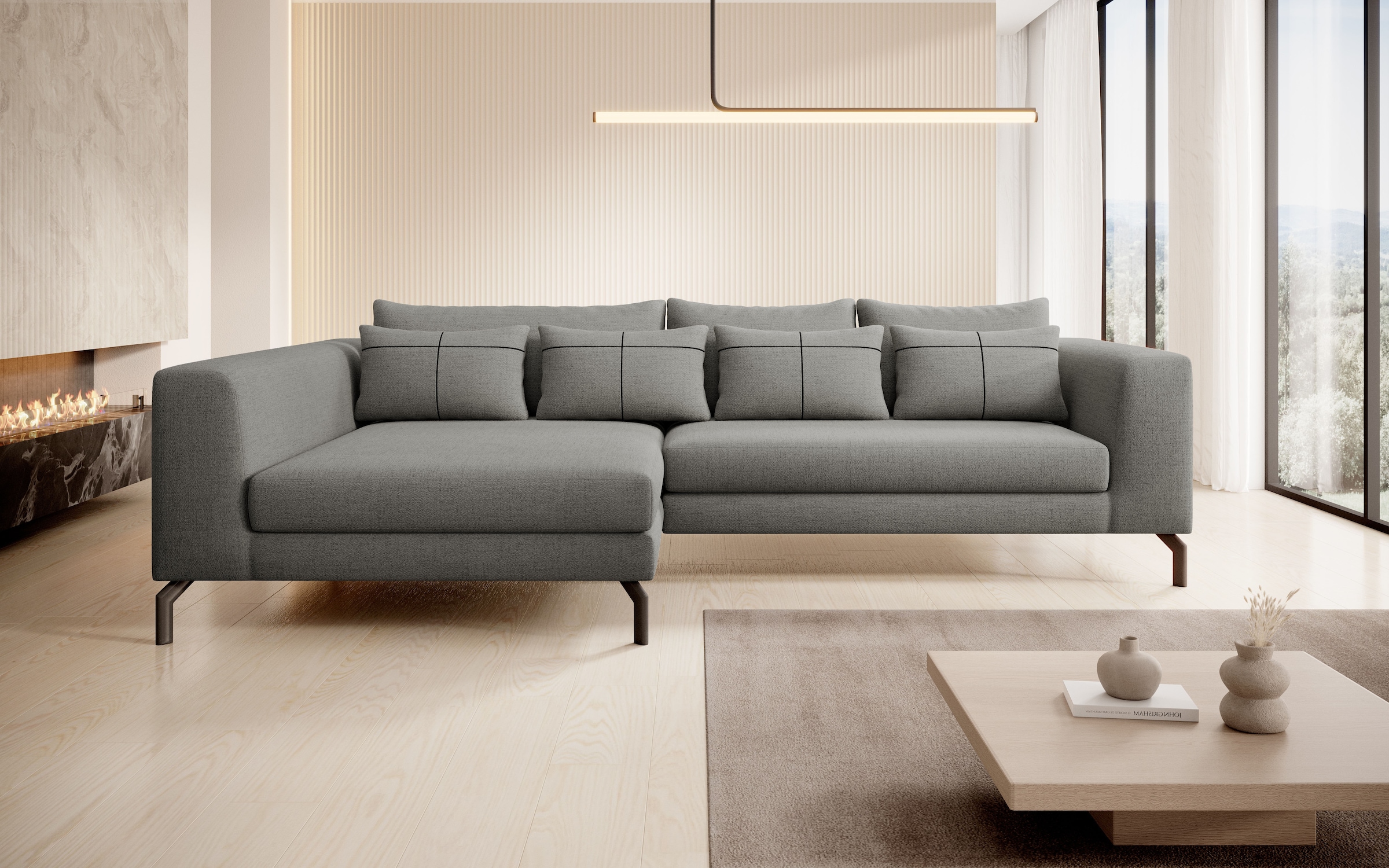 Home affaire Ecksofa "Cross, mit softem Sitz, L-Form, wendbare Zierkissen, Breite 284 cm" Couch mit vielen Kissen, stylische Kreuznaht, elegante Metallfüße