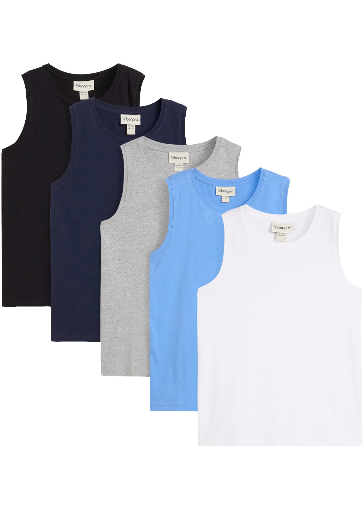 bonprix Tanktop Packung, 5er, aus Baumwolle, ärmellos, Regular Fit, im 5er-Pack