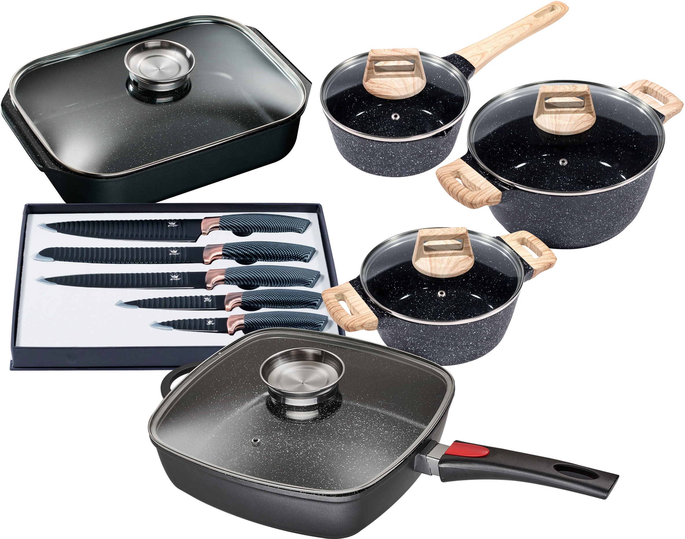 KING "Square" Set, Stielkasserolle 18 cm, Kochtopf 20/24 cm, Bräter, Viereckpfanne 28 cm, 9 Stk. tlg. Aluminiumguss