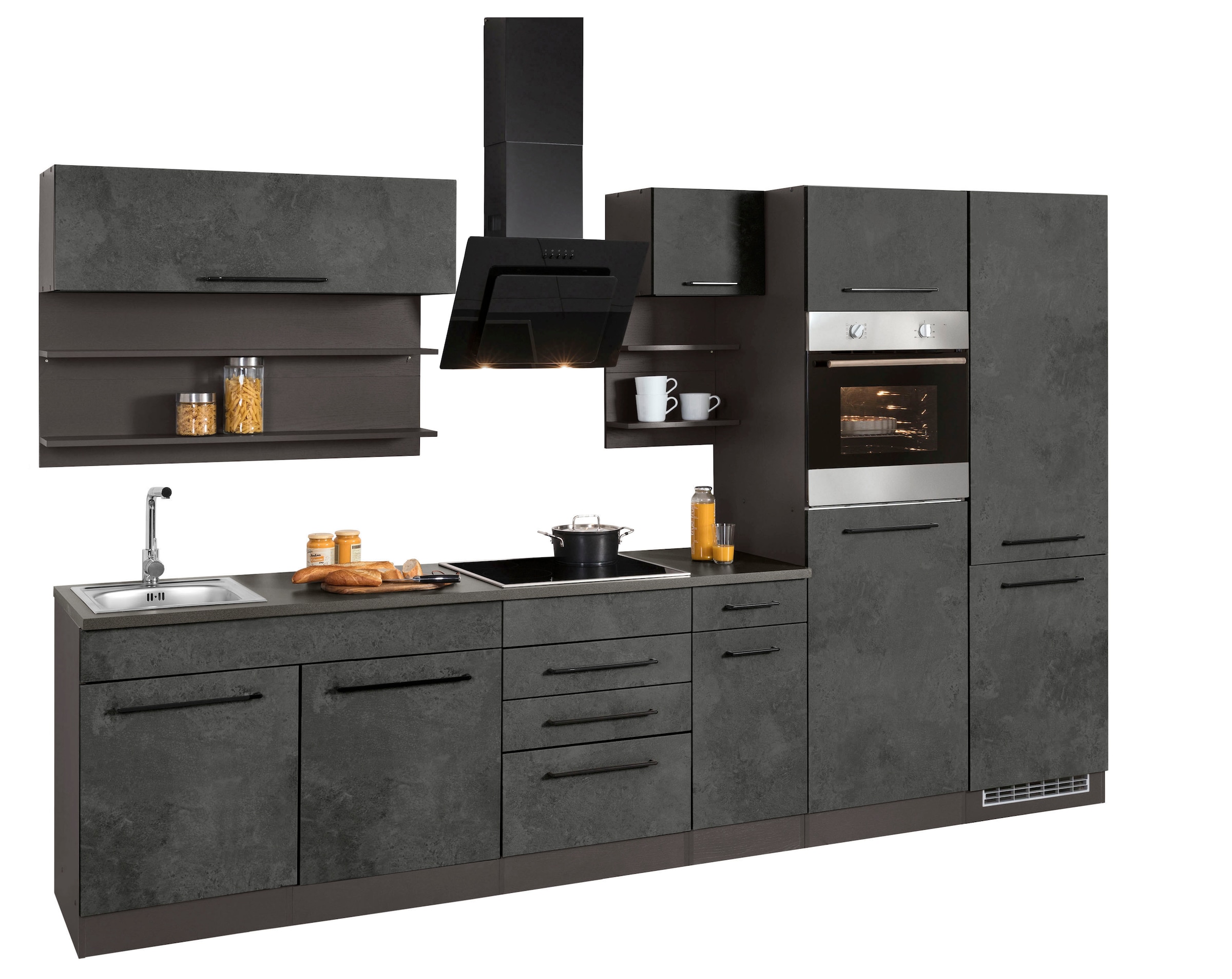 KOCHSTATION Küchenzeile »KS-Tulsa«, ohne E-Geräte, Breite 330 cm, schwarze Metallgriffe, MDF Fronten