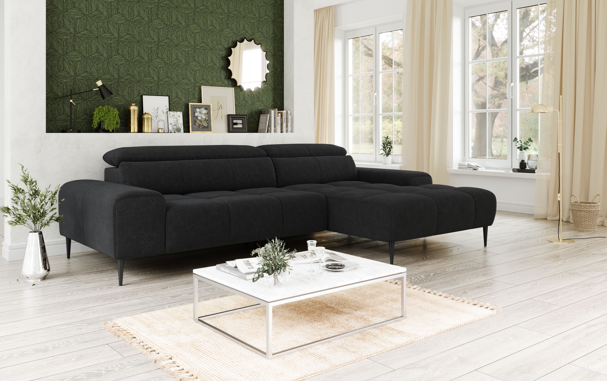 Ecksofa COTTA "Theo L-Form, B: 290 cm", schwarz, B:290cm T:182cm, 100% Polyester (PES), Sofas, Ecksofa, mit Kopfteilverstellung, optional Sitztiefenverstellung