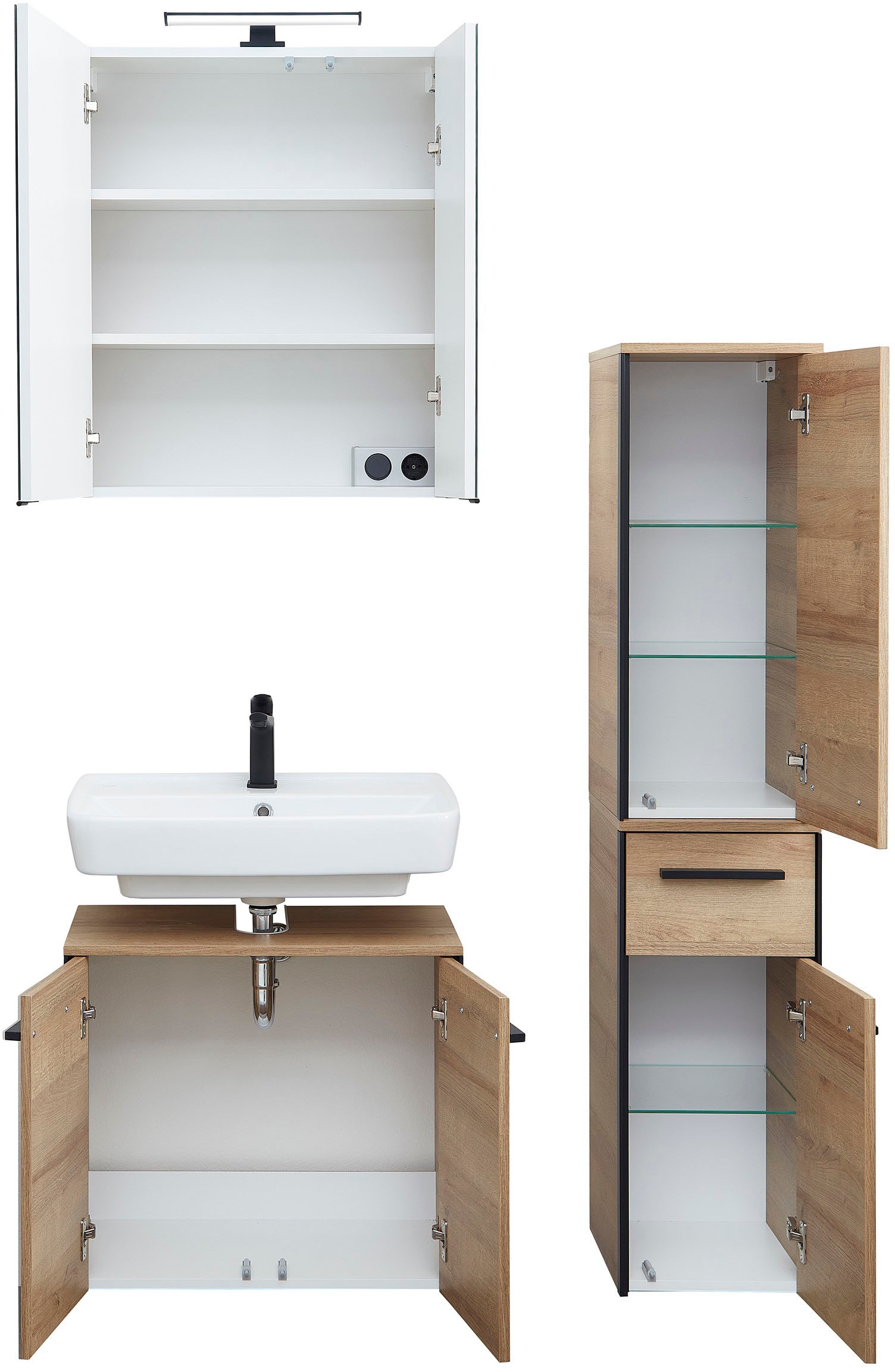 Saphir Badmöbel-Set »Quickset 395 3-teilig, Waschbeckenunterschrank mit LED-Spiegelschrank«, (4 St.), Midischrank, inkl. Türdämpfer, 6 Türen, 1 Schublade, Bad-Set