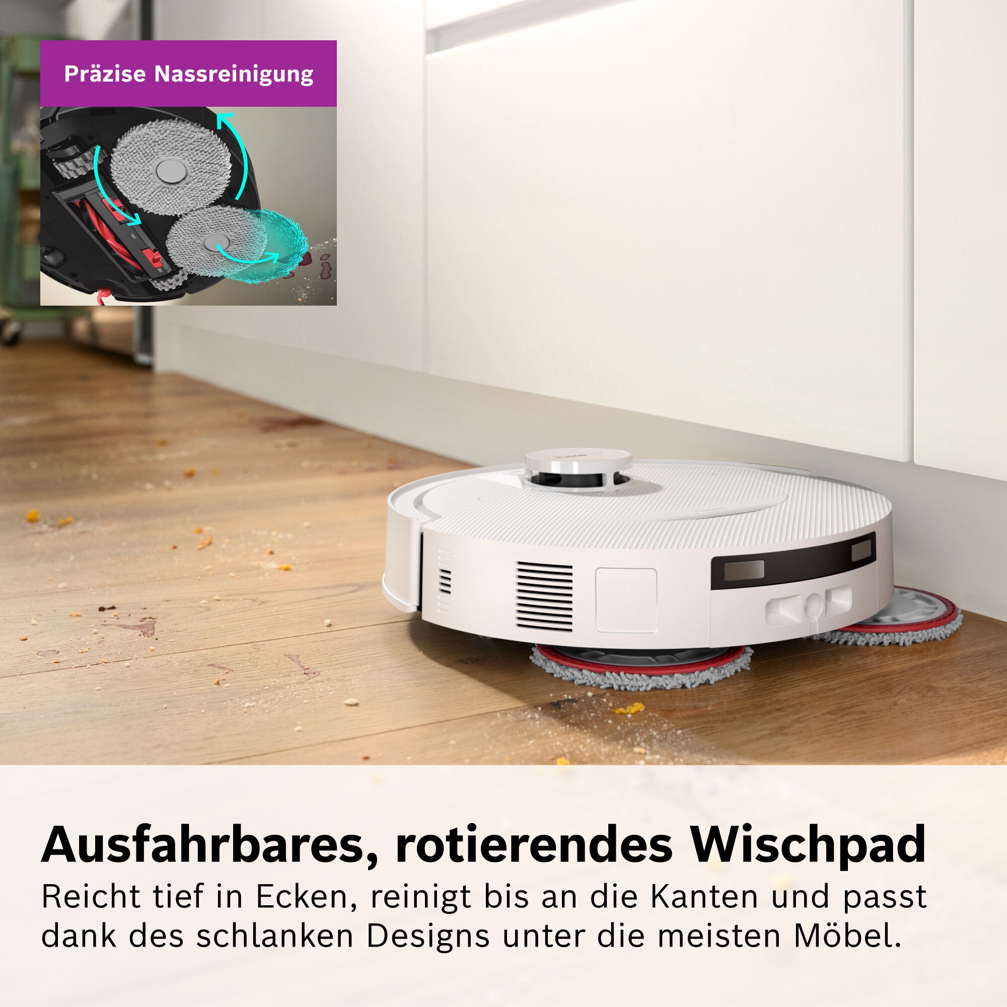 BOSCH Saugroboter »mit Wischfunktion Spotless 2 BCR2S1B/BCR2S1W, 25.000 Pa Saugkraft« Selbstreinigung, Nass-Trocken-Servicestation, rotierende Pads