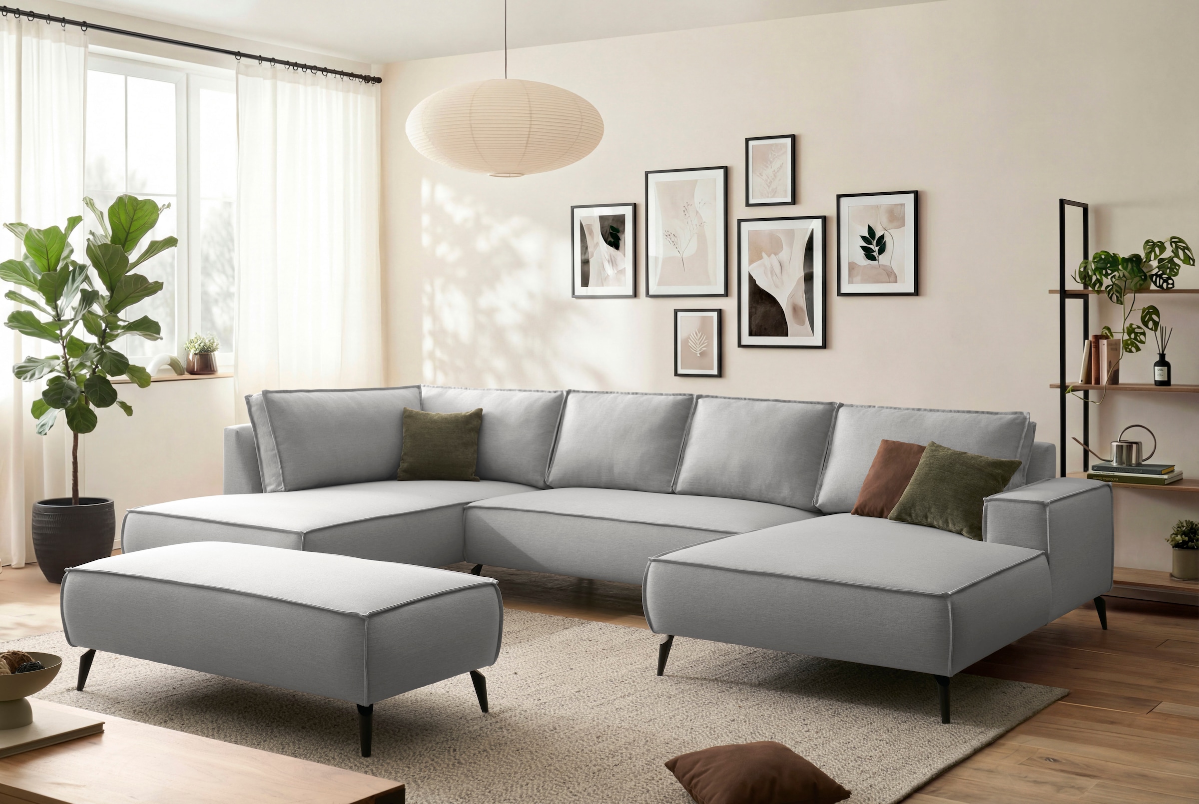 OTTO home Wohnlandschaft »TVINNU Leinenoptik, 354, mit Hocker« Recamiere rechts/links, stellbar zum Schlafsofa (Krokodilverbinder)