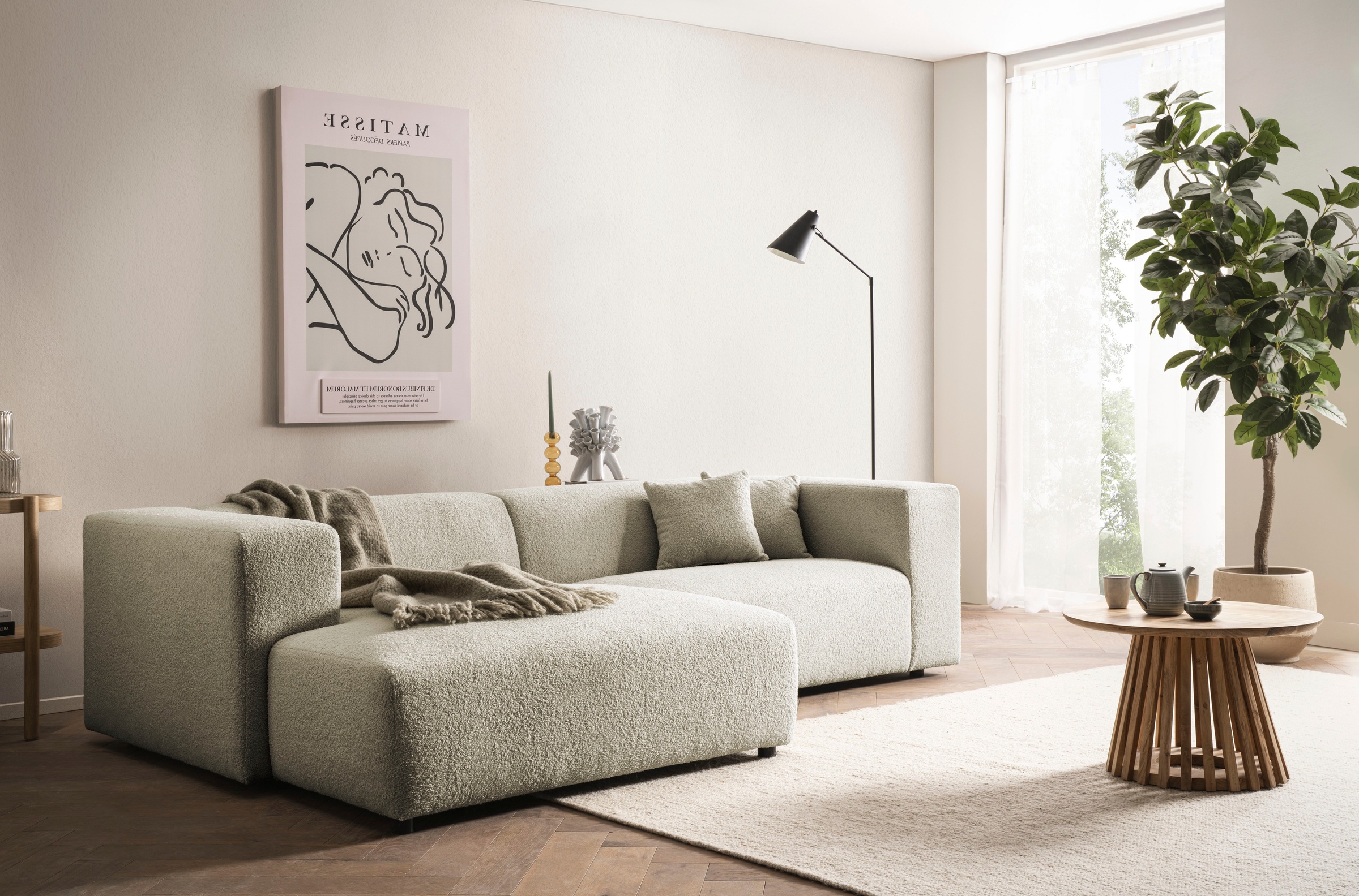 andas Ecksofa »BAKELS, L-Form in Cord oder Boucle-Stoff, moderne Couch«, wahlweise Recamiere rechts/links, bequemer Sitzkomfort