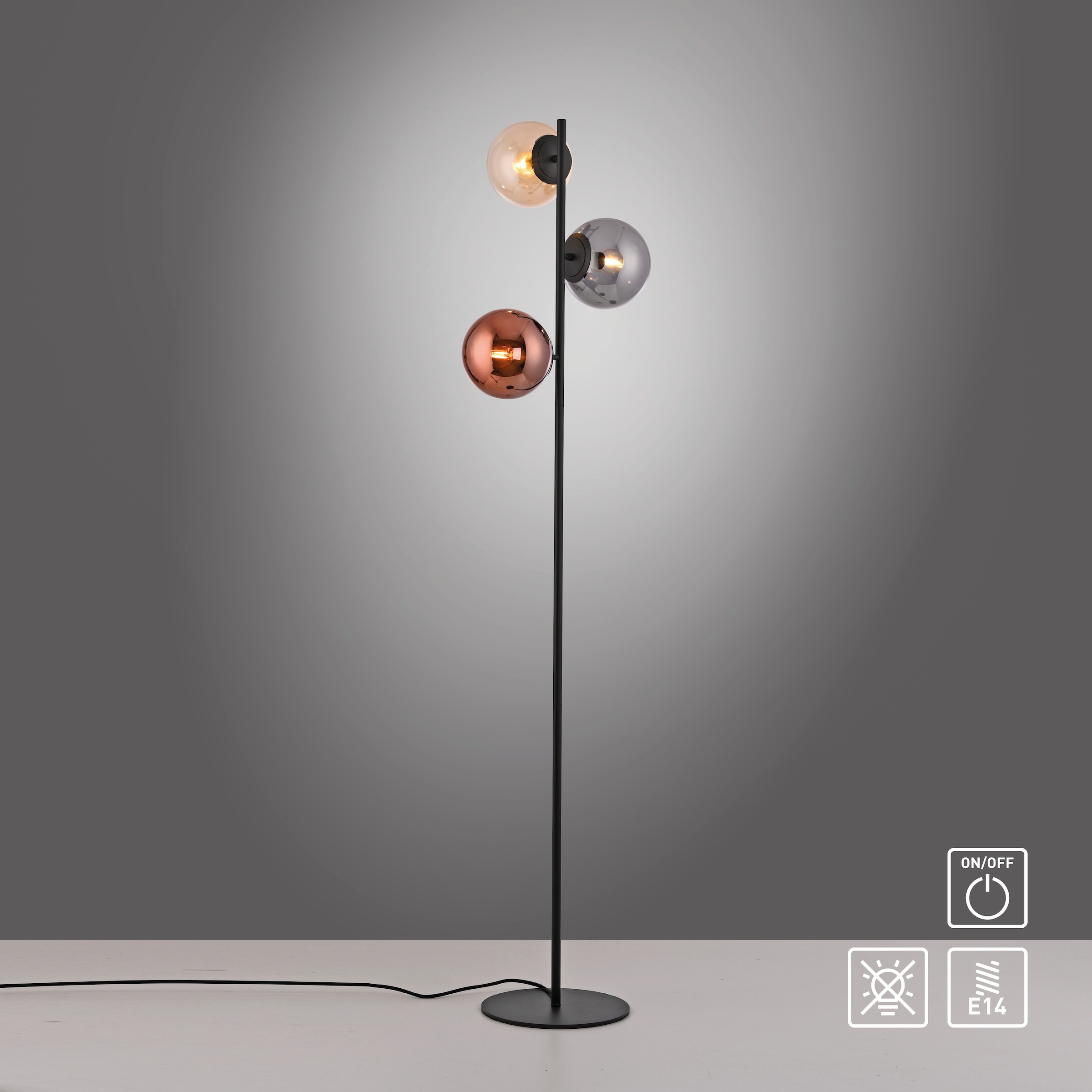 JUST LIGHT Stehlampe »SHINY« E14 1 Stk. Exklusive E14, Fußschalter, Kupfer-/Amber-/Rauchglas verspiegelt