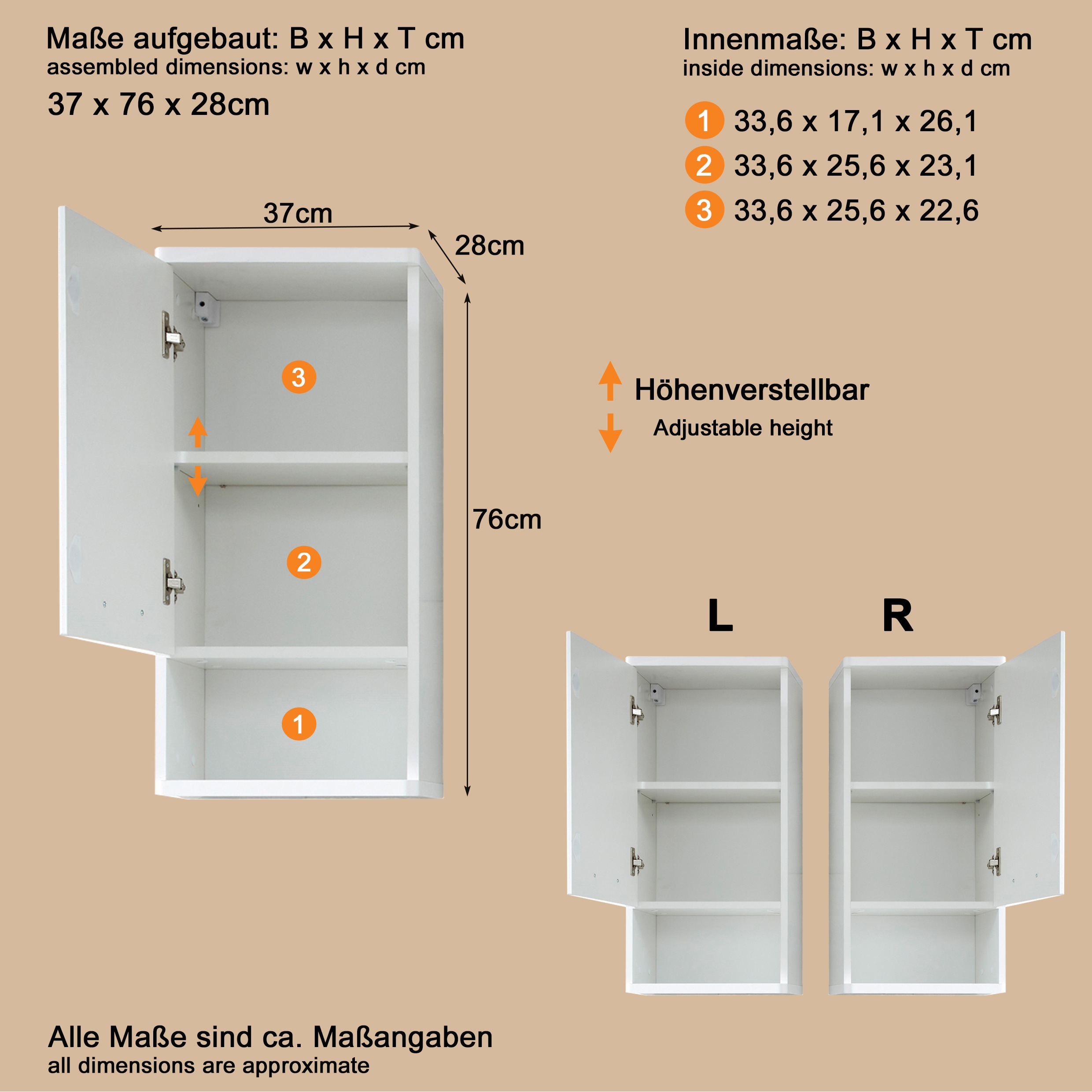 Thumbnail - welltime Hängeschrank "Mora" Hängeschrank mit 1 Tür & 1 Fach - (B/T/H) 37/28/76 cm