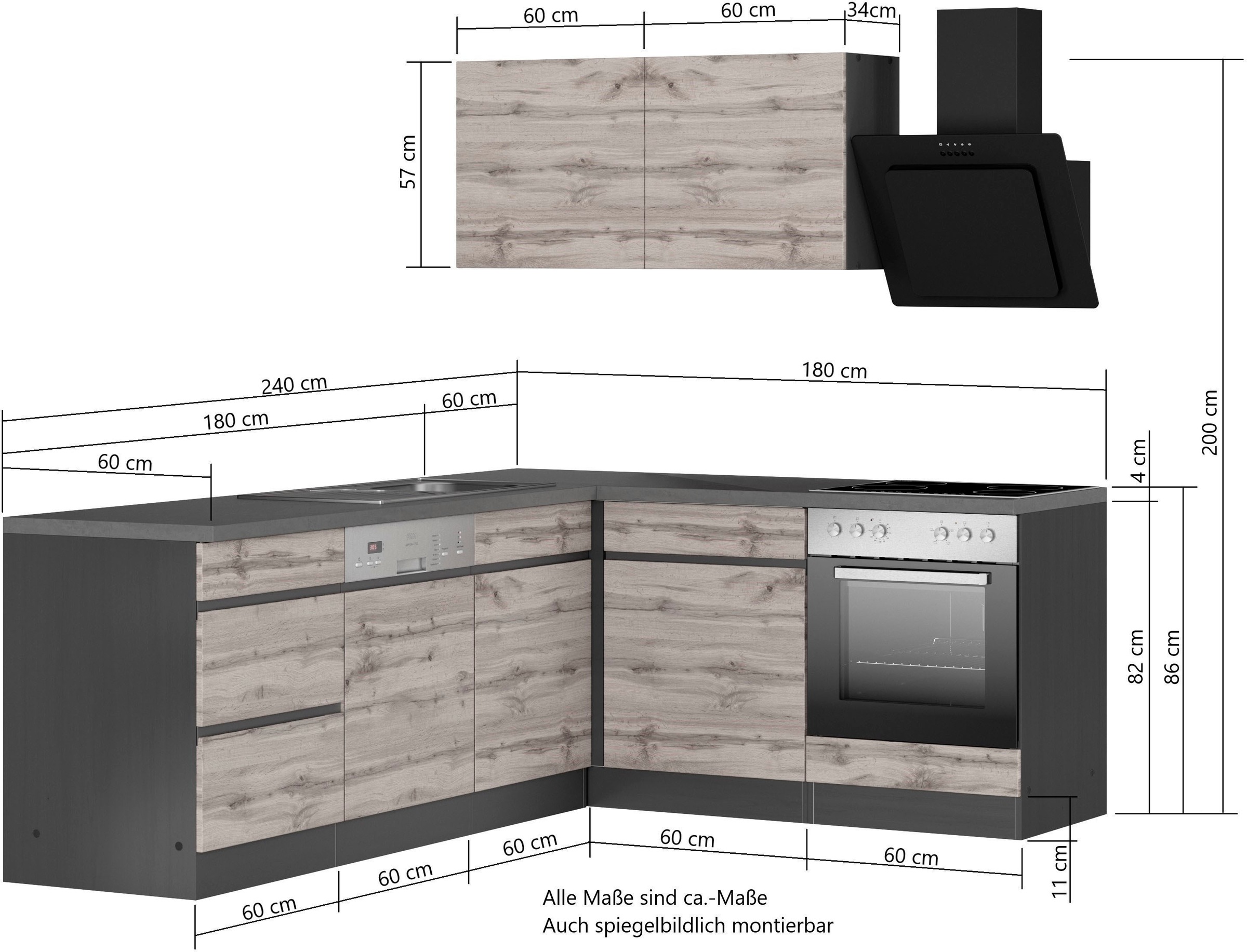 KOCHSTATION Winkelküche »KS-Riesa«, Stellbreite 240x180 cm, wahlweise mit oder ohne E-Geräte