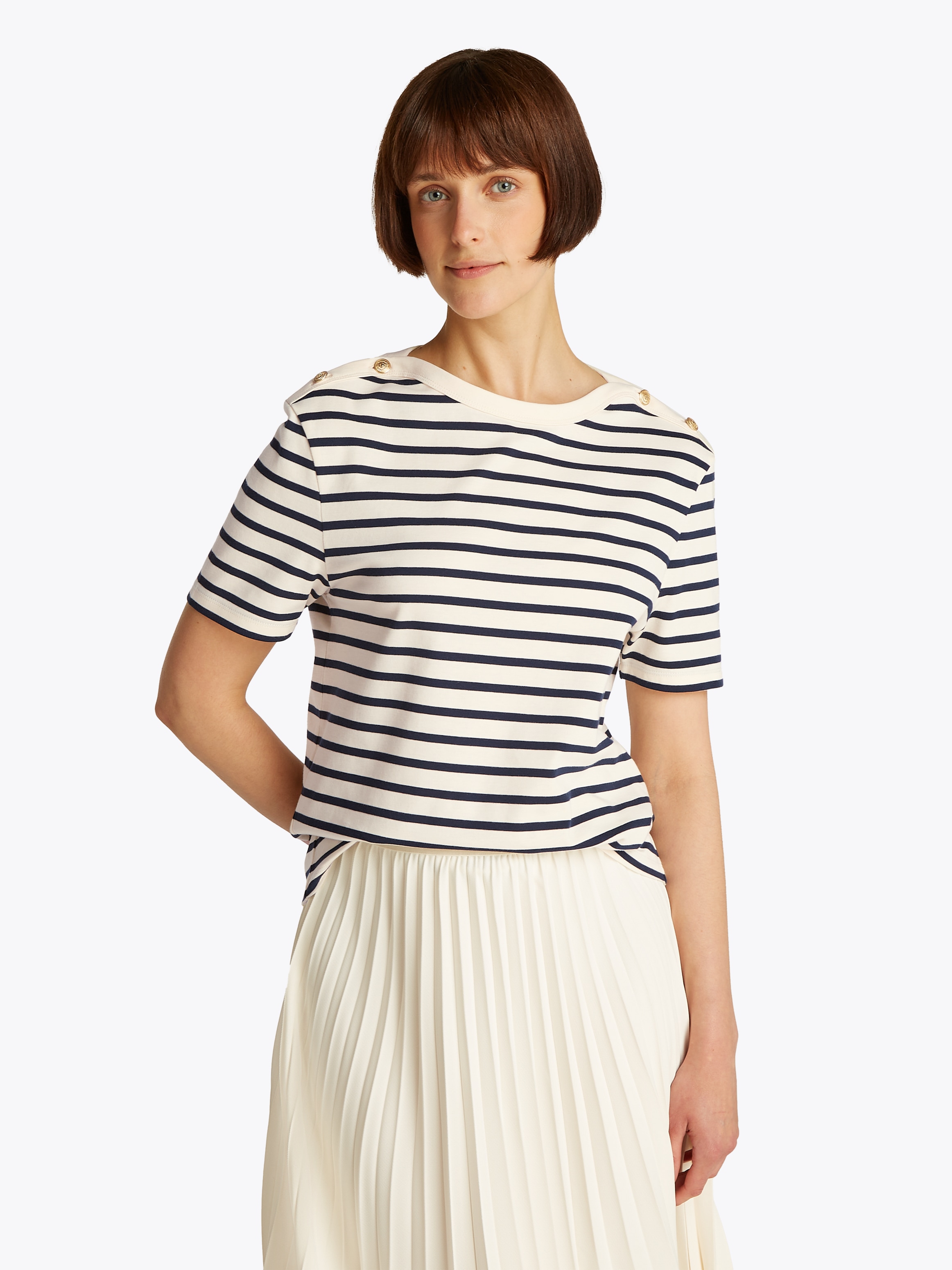 TOMMY HILFIGER Rundhalsshirt »REG STRIPE GOLD BTN C-NK SS«, mit goldfarbenem Knopf