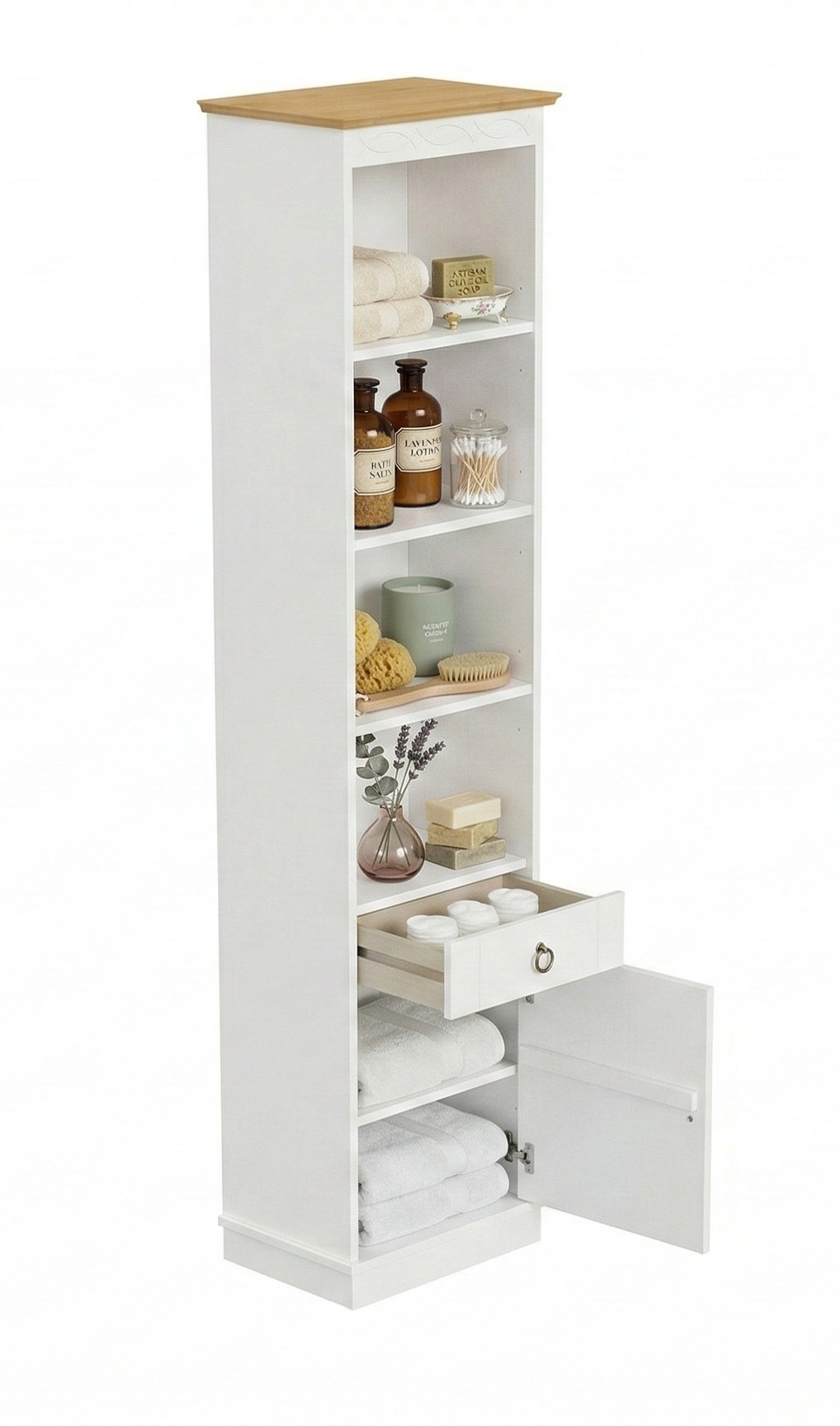 OTTO home Hochschrank »Indra, Badschrank, Badmöbel, Badezimmerschrank« B/T/H: 46/32/186 cm,  aus massiver Kiefer, mit Schublade, FSC®-zertifiziert