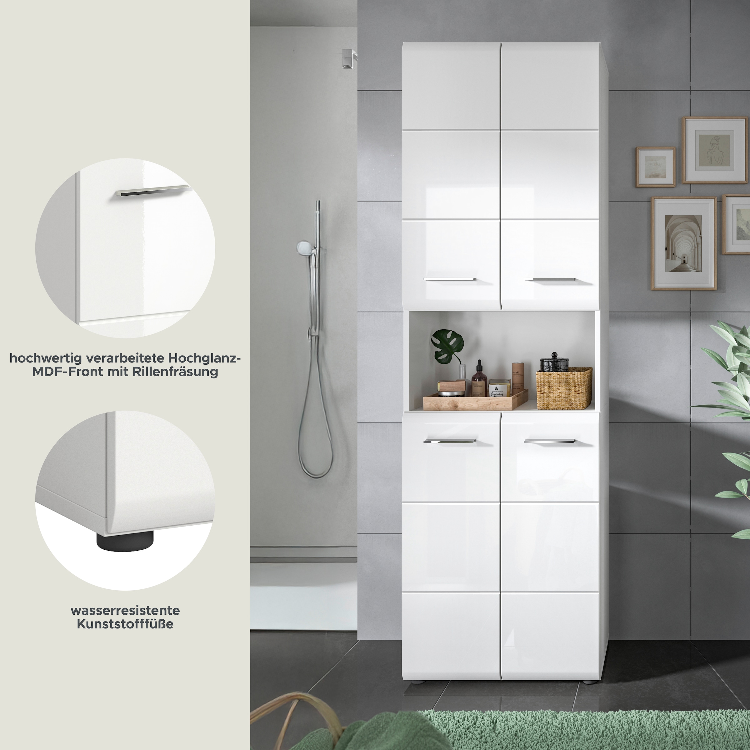 INOSIGN Hochschrank »FLORENZ, TOPSELLER!, Höhe 185 cm, 4 Türen, 4 Fachböden, 1 offenes Fach«, hochwertige MDF Front, Griff chromglänzend, Badschrank, Bad