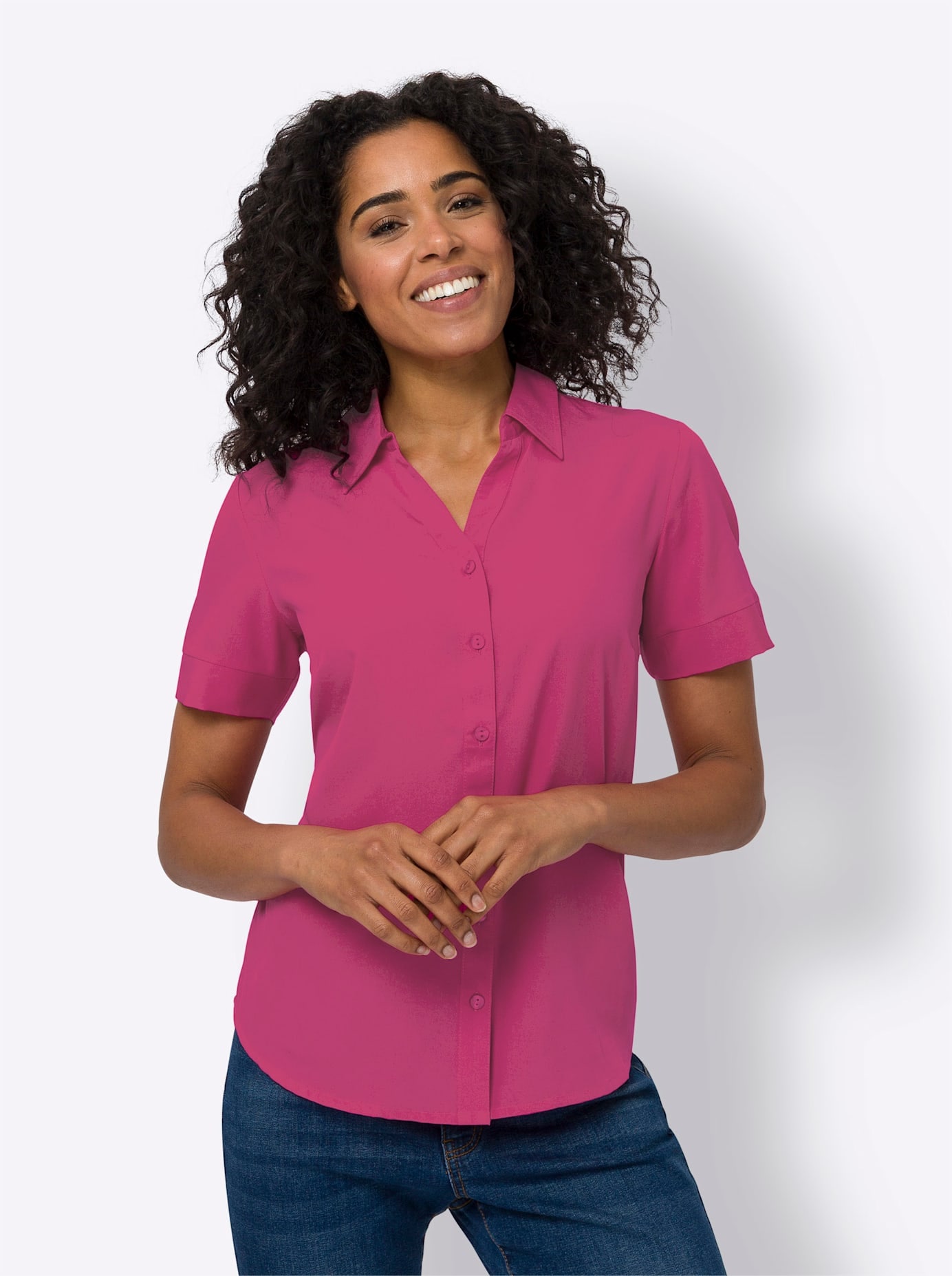 Hemdbluse CLASSIC BASICS, Damen, Gr. 44, pink (fuchsia), 100% Polyester, unifarben, V-Ausschnitt, Blusen Hemdbluse