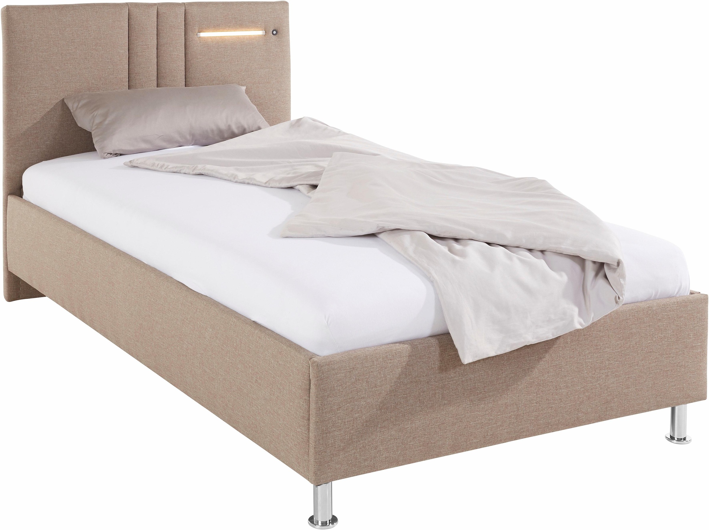 Polsterbett "Elba", beige (dunkelbeige), B:110cm L:210cm, Bezug Bett: Microfaser (100% Polyester) oder Strukturstoff (77% Polyester, 23% Viskose);Bonnell-Federkernmatratze: 51% Polypropylen, 39% Polyester und 10% Baumwolle;Kaltschaummatratze: 100% Polyest 3