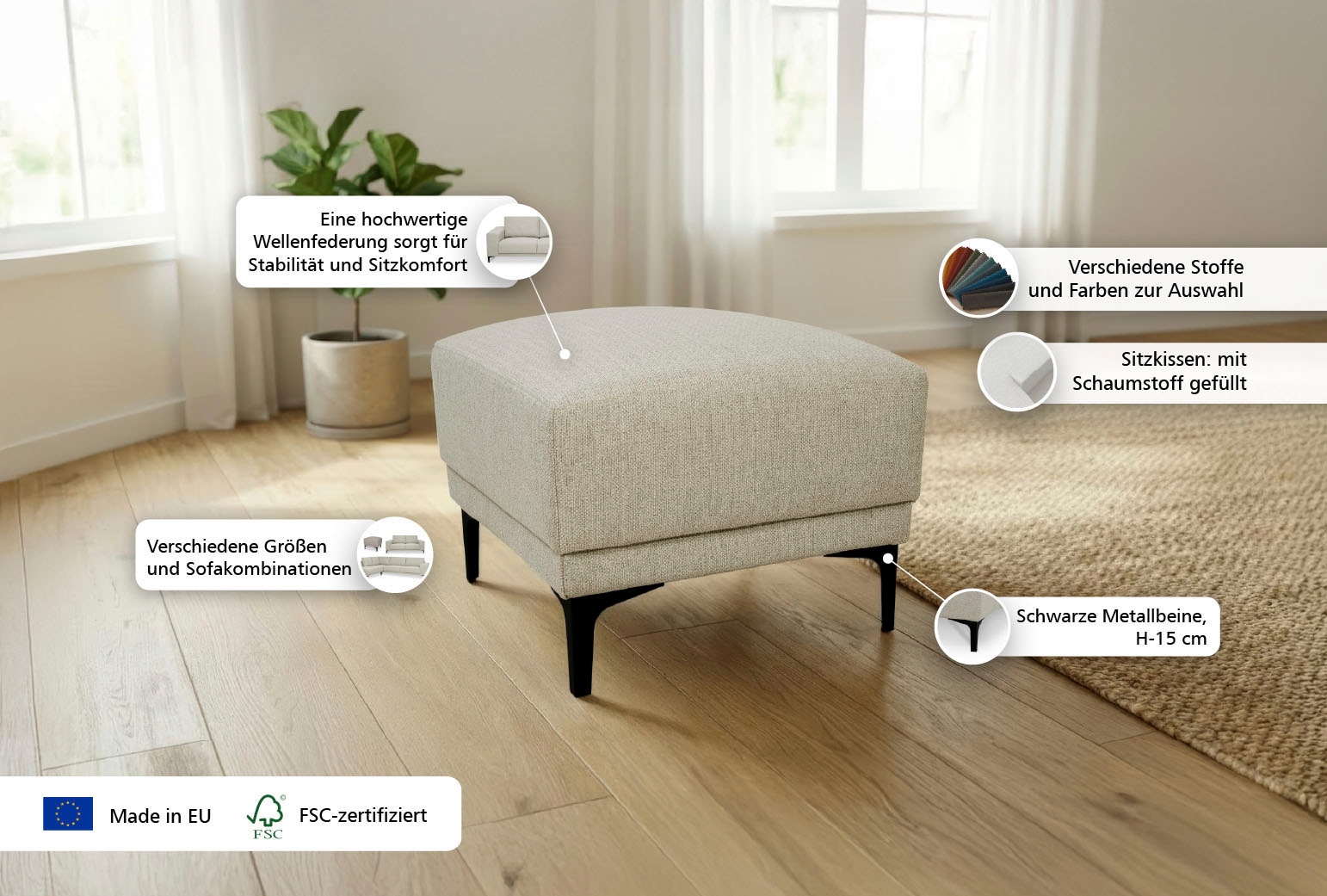 OTTO home Polsterhocker »Xander« 1 Stk. tlg. Breite 58 cm, Soft-Touch Chenille, schwarze Metallfüße