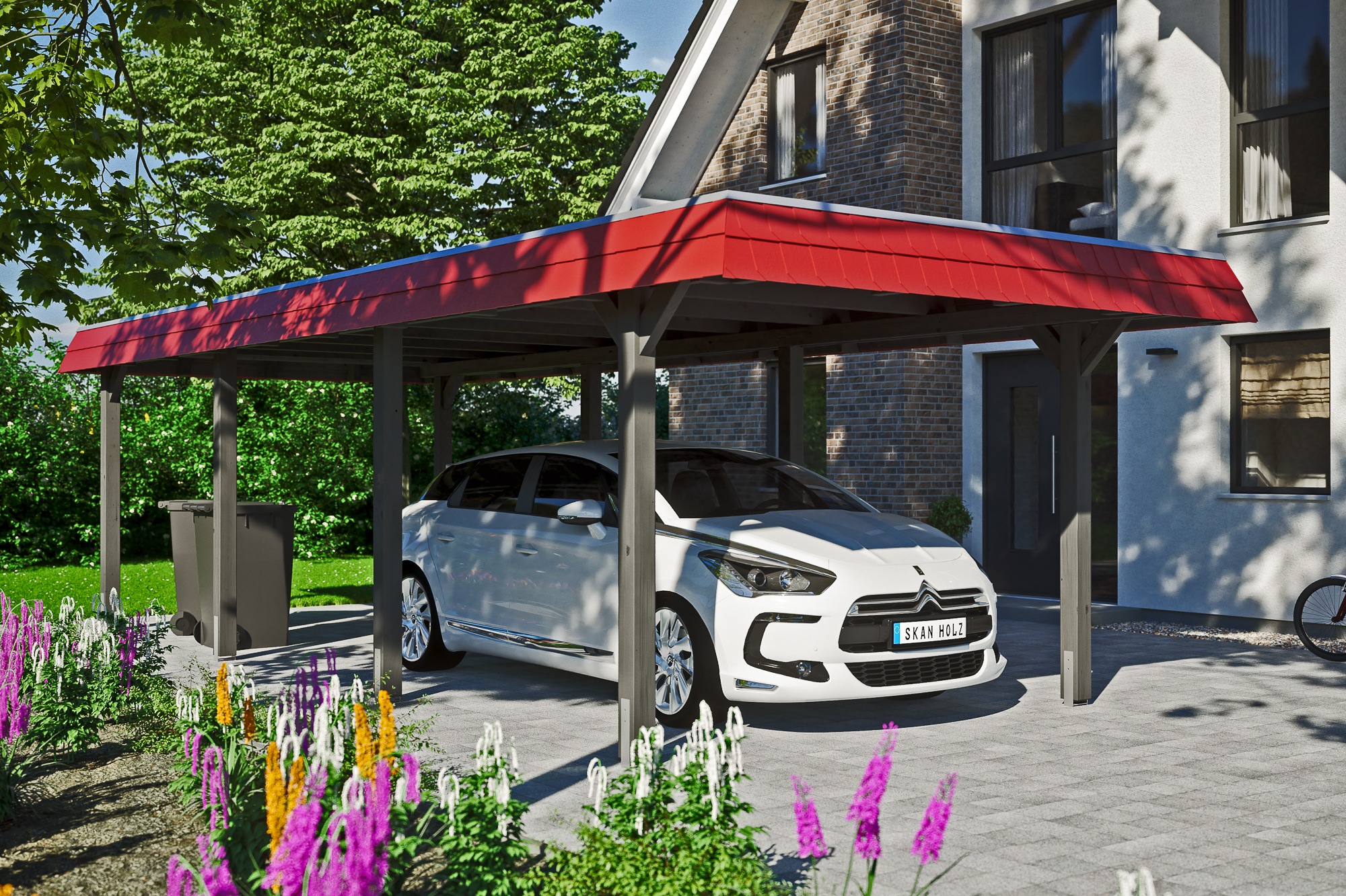 Skanholz Einzelcarport »Wendland«, Leimholz-Fichte, 291 cm, Schiefergrau, mit EPDM-Dach, rote Blende