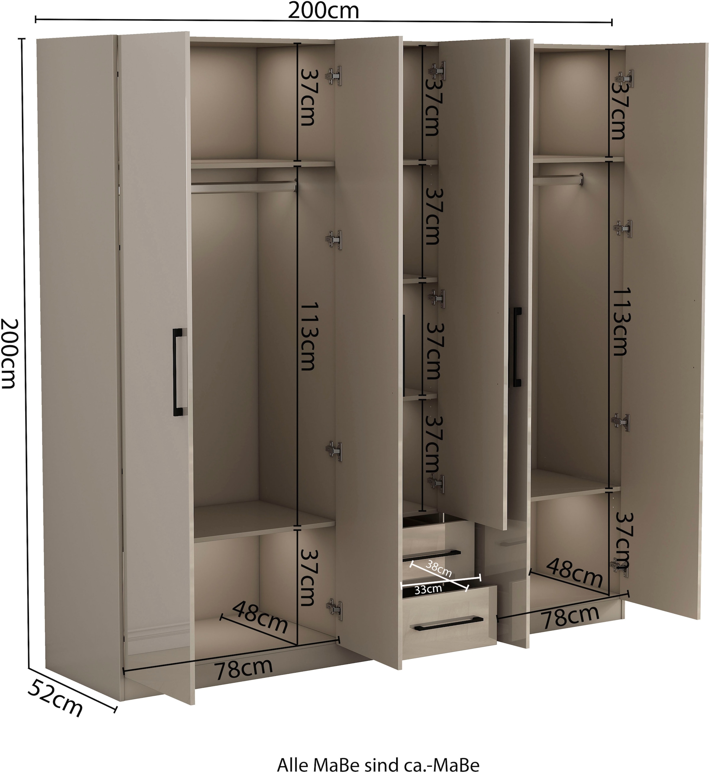 OTTO home Kleiderschrank »Sylt Schlafzimmerschrank Garderobe Schrank TOPSELLER in hochglanz weiß« 5 Türen, 2 Schubladen, schwarze moderne Griffe, 7 Einlegeböden,  Drehtürenschrank mit perfekter Innenausstattung, Breite 200cm