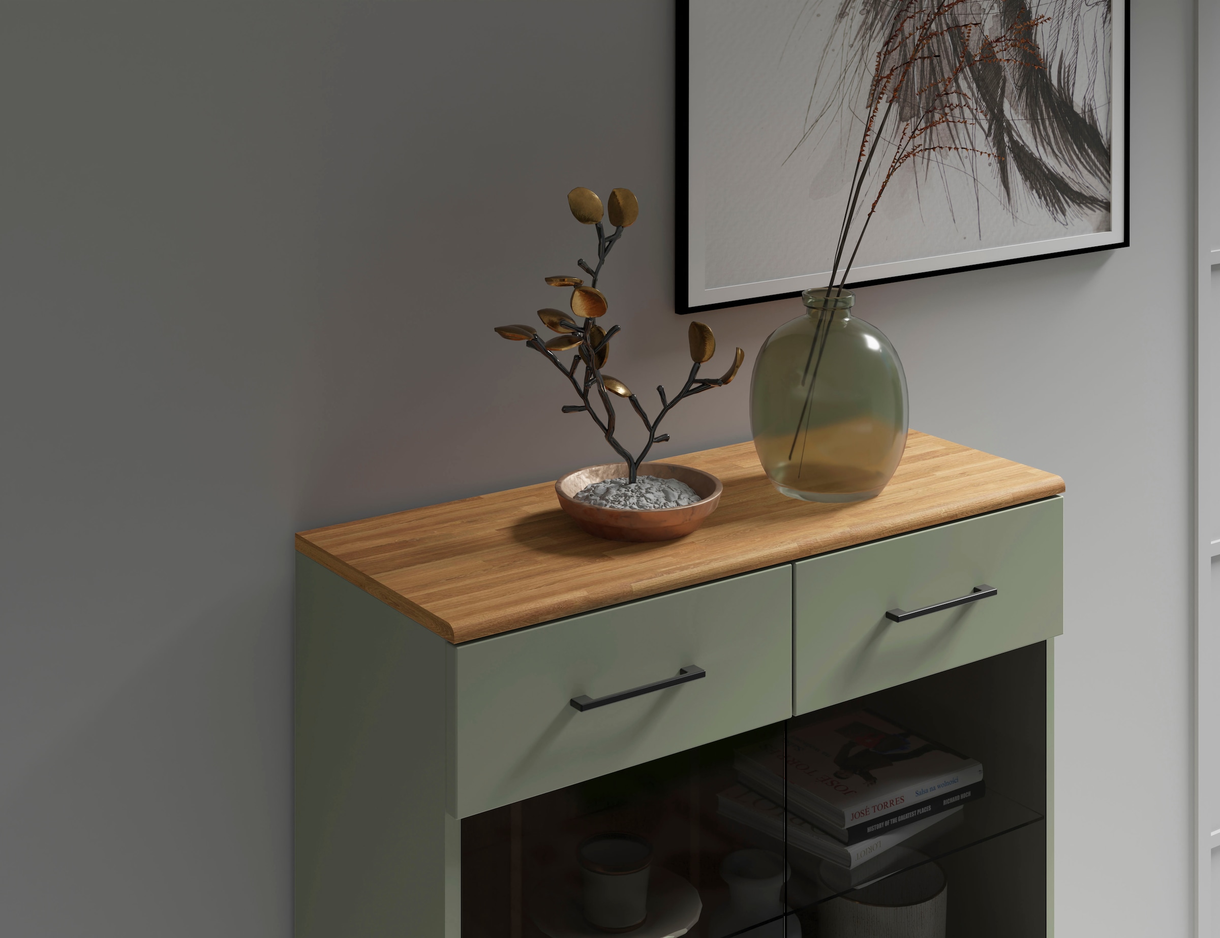 Home affaire Highboard »Ribe,125cm hoch,87cm breit,4 breite Fächer«, Oberplatte Eiche massiv,dunkles Glas, schwarze Metall Griffe