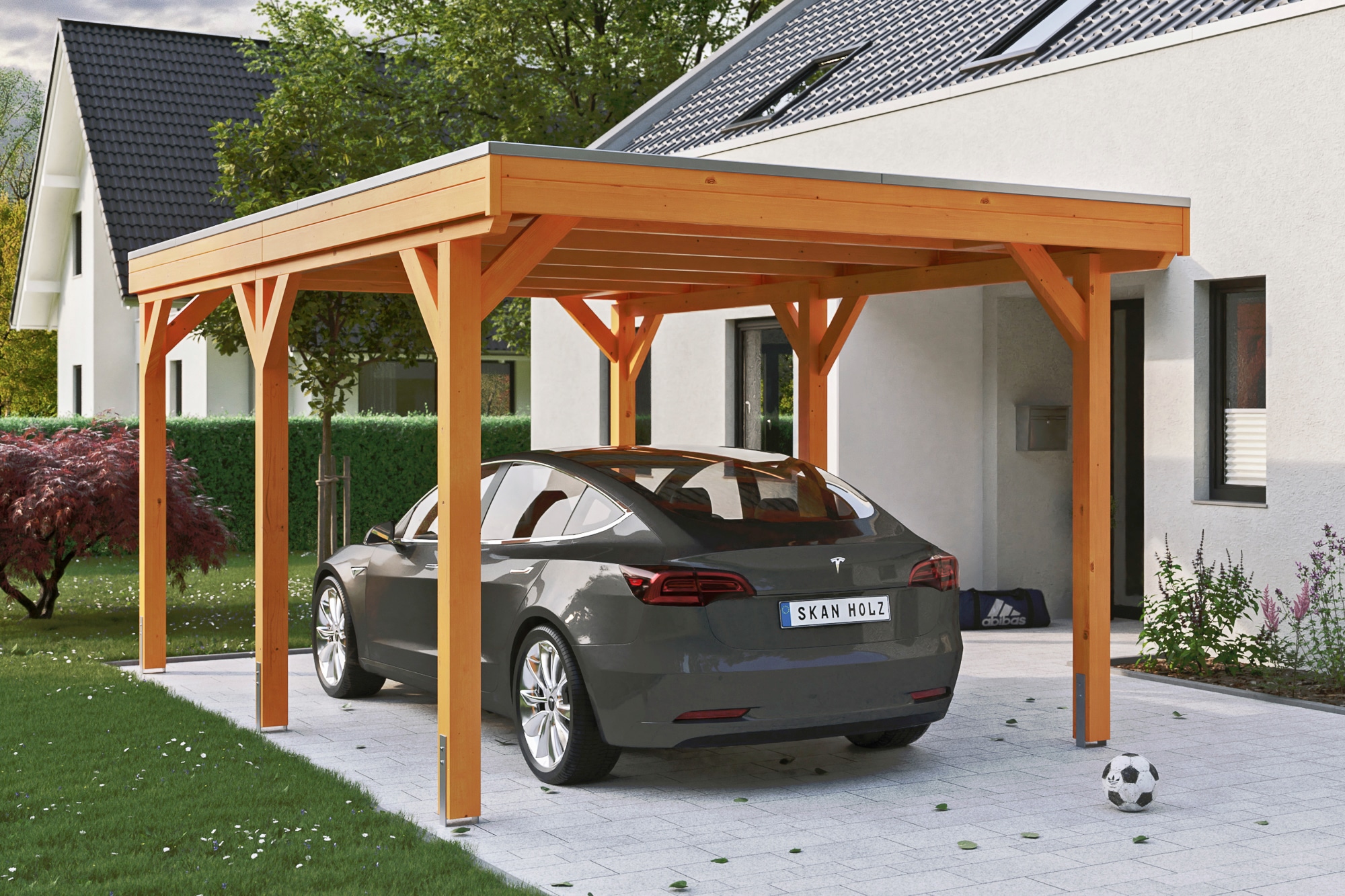 Skanholz Einzelcarport "Grunewald" Leimholz hellbraun mit Aluminiumdach