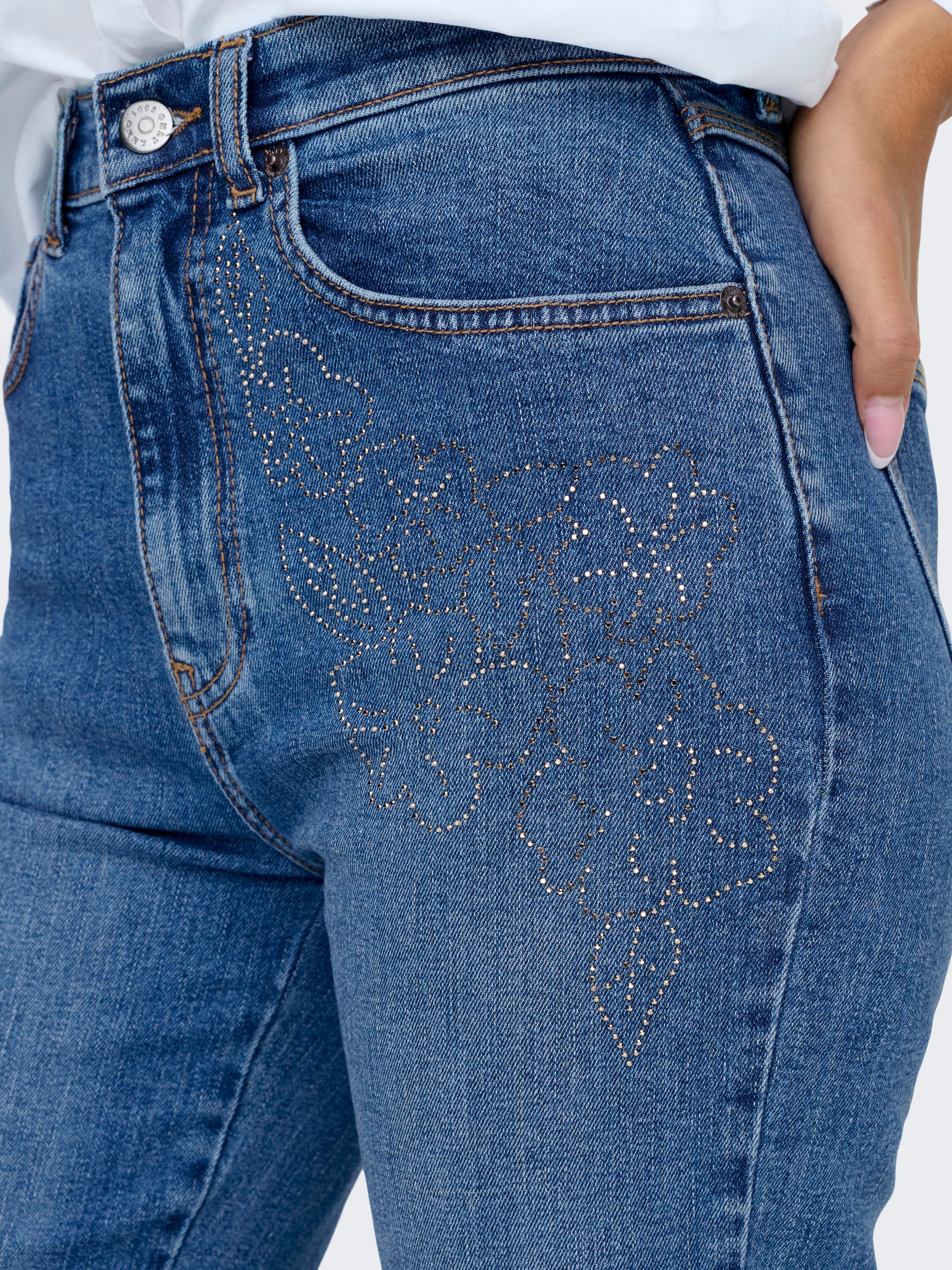 Bootcut-Jeans ONLY "ONLJUICY HW FLARE RHINESTONE DNM AZG", Damen, Gr. 31, Länge 32, medium blau denim, Denim/Jeans, Obermaterial: 99% Baumwolle, 1% Elasthan, Glitzermuster, unifarben, lang, Jeans, mit dezenter Verzierung 2