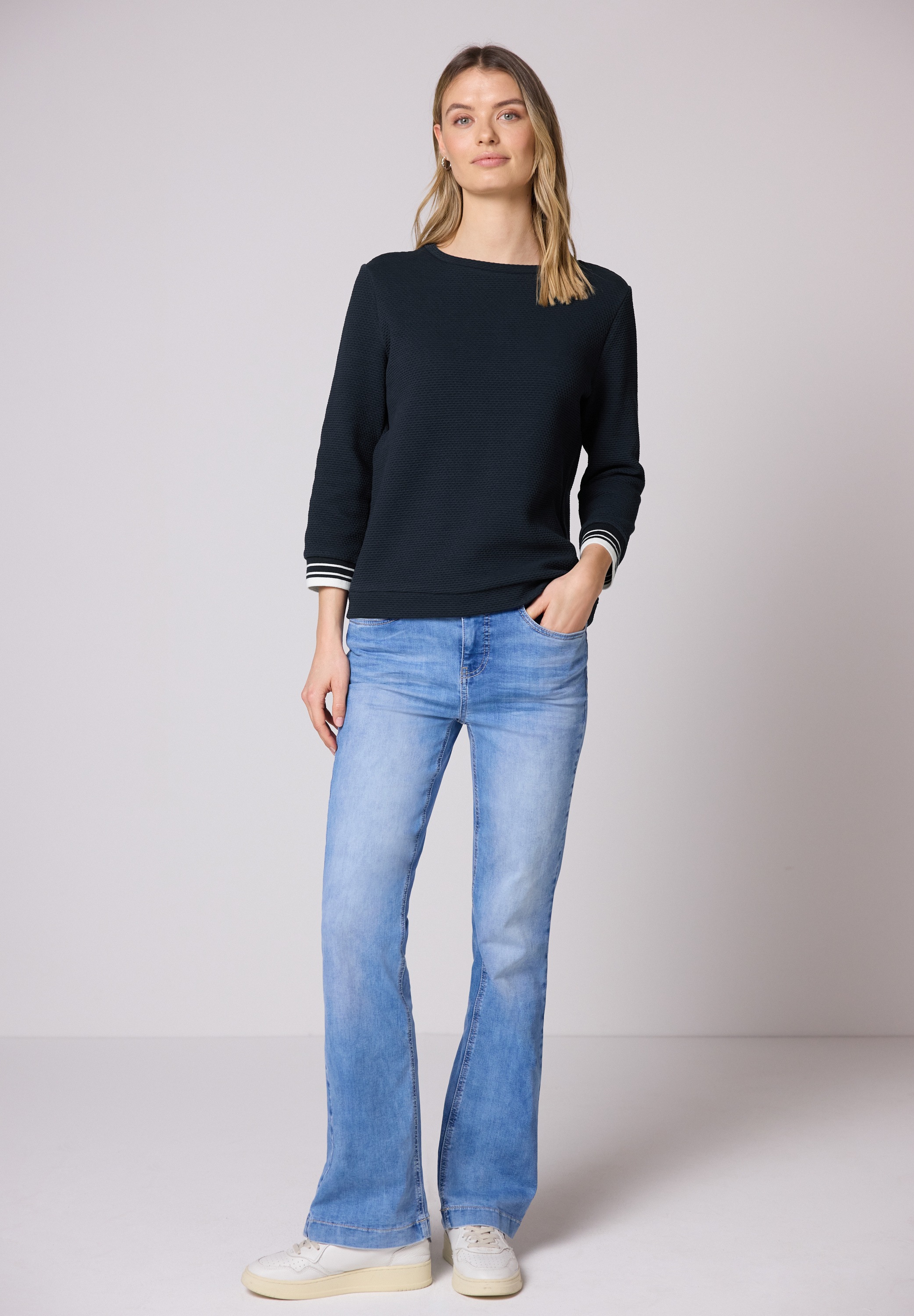 3/4-Arm-Shirt STREET ONE, Damen, Gr. 40, shadowed navy, Web, 86% Baumwolle, 12% Polyester, 2% Elasthan, unifarben, comfort fit normal, U-Boot-Ausschnitt, Rippbündchen, Shirts 3/4-Arm-Shirt, mit U-Boot-Ausschnitt 2