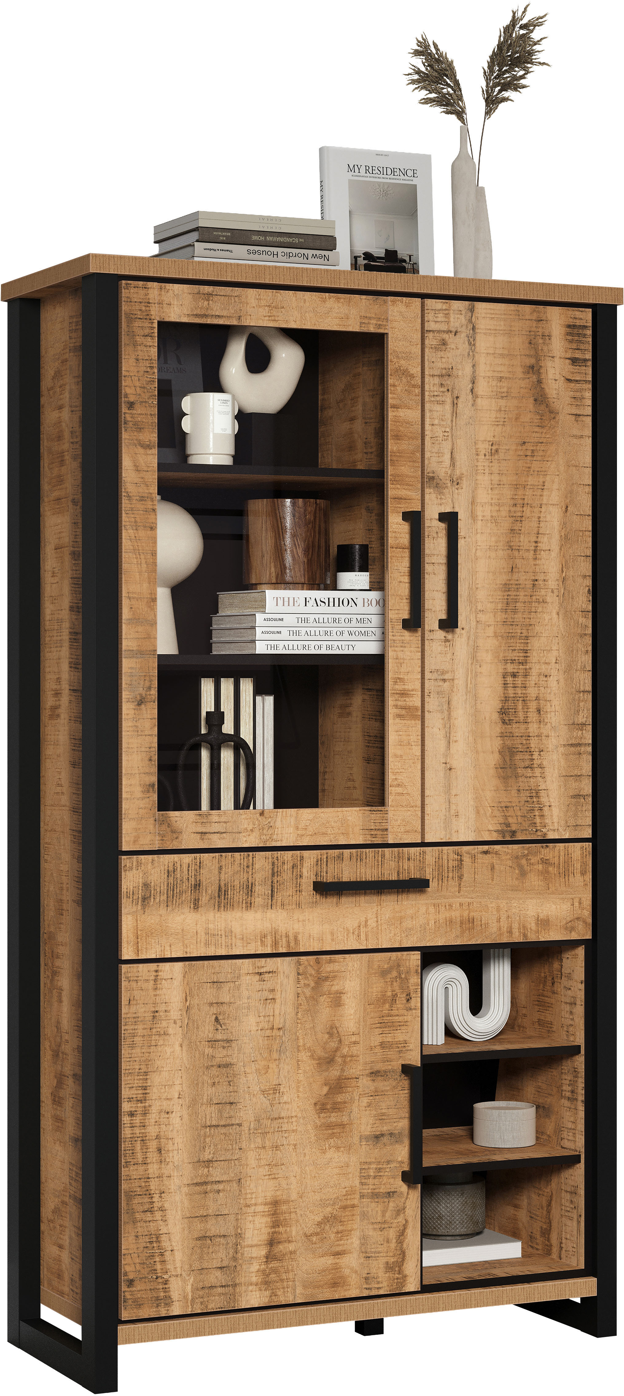 Home affaire Vitrine "Elda" 1 Stk. tlg. Vitrine mit 3 Türen & 1 Vollauszug Schublade - (B/T/H) 106/45/195 cm