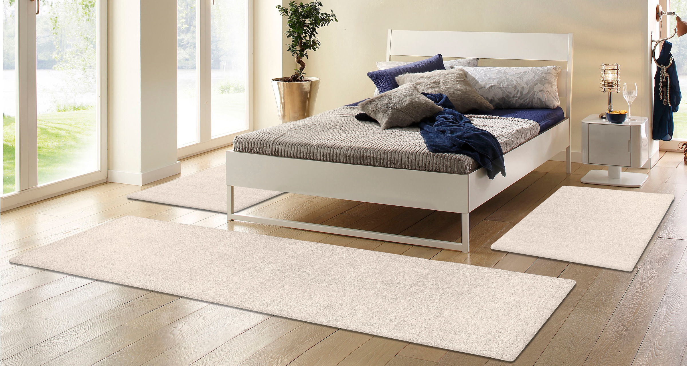 THEKO Bettumrandung »Gabbeh Uni, Handweb Teppich, meliert, reine Wolle« Höhe 14 mm 3 tlg. Bettvorleger, Uni-Farben, handgewebt, Läufer-Set, Schlafzimmer