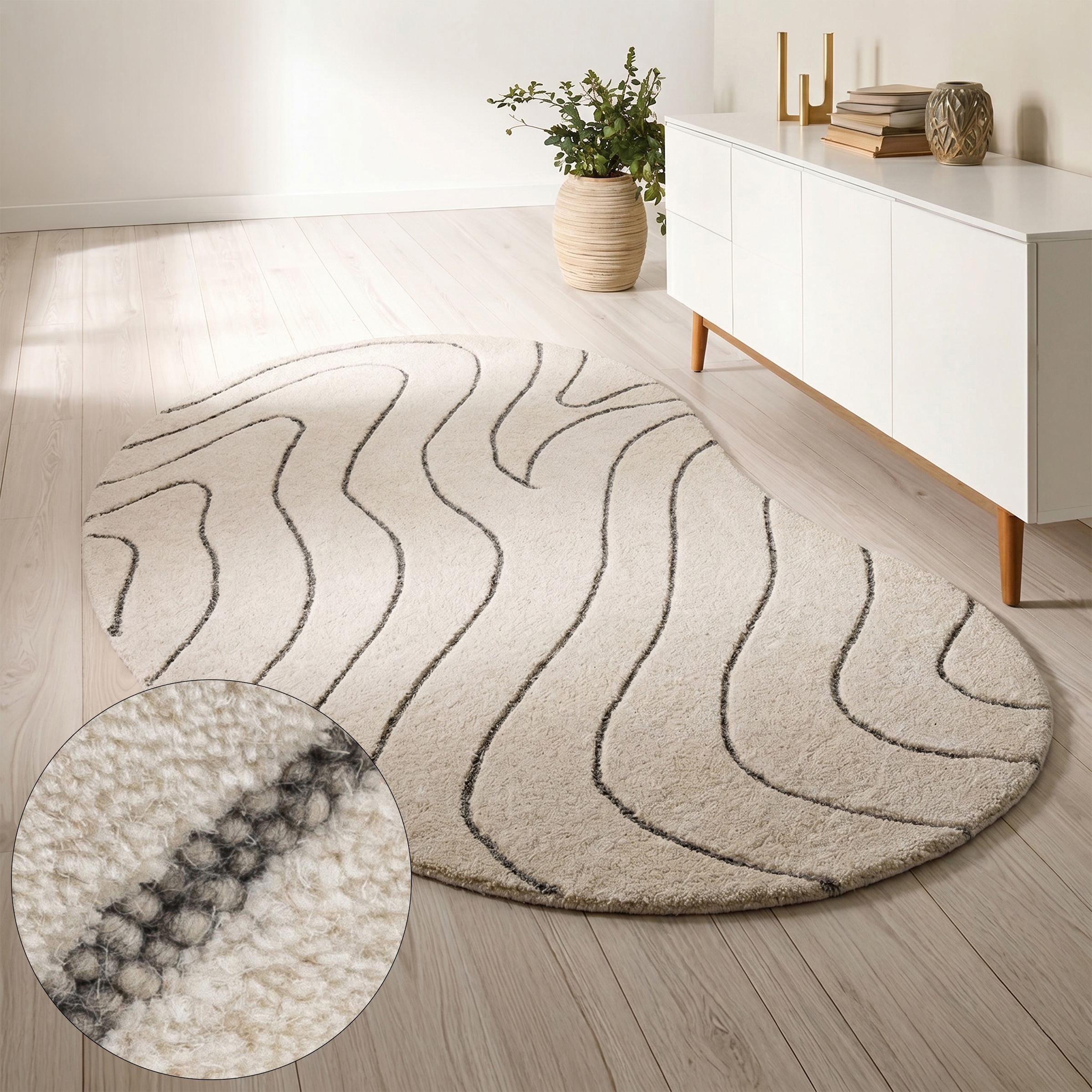 LeGer Home by Lena Gercke Wollteppich "Zarrah, mit Wellendesign, besondere Form, organisch" oval 14 mm Höhe reine Wolle, modern, Scandi, Schlafzimmer, Wohnzimmer, Esszimmer