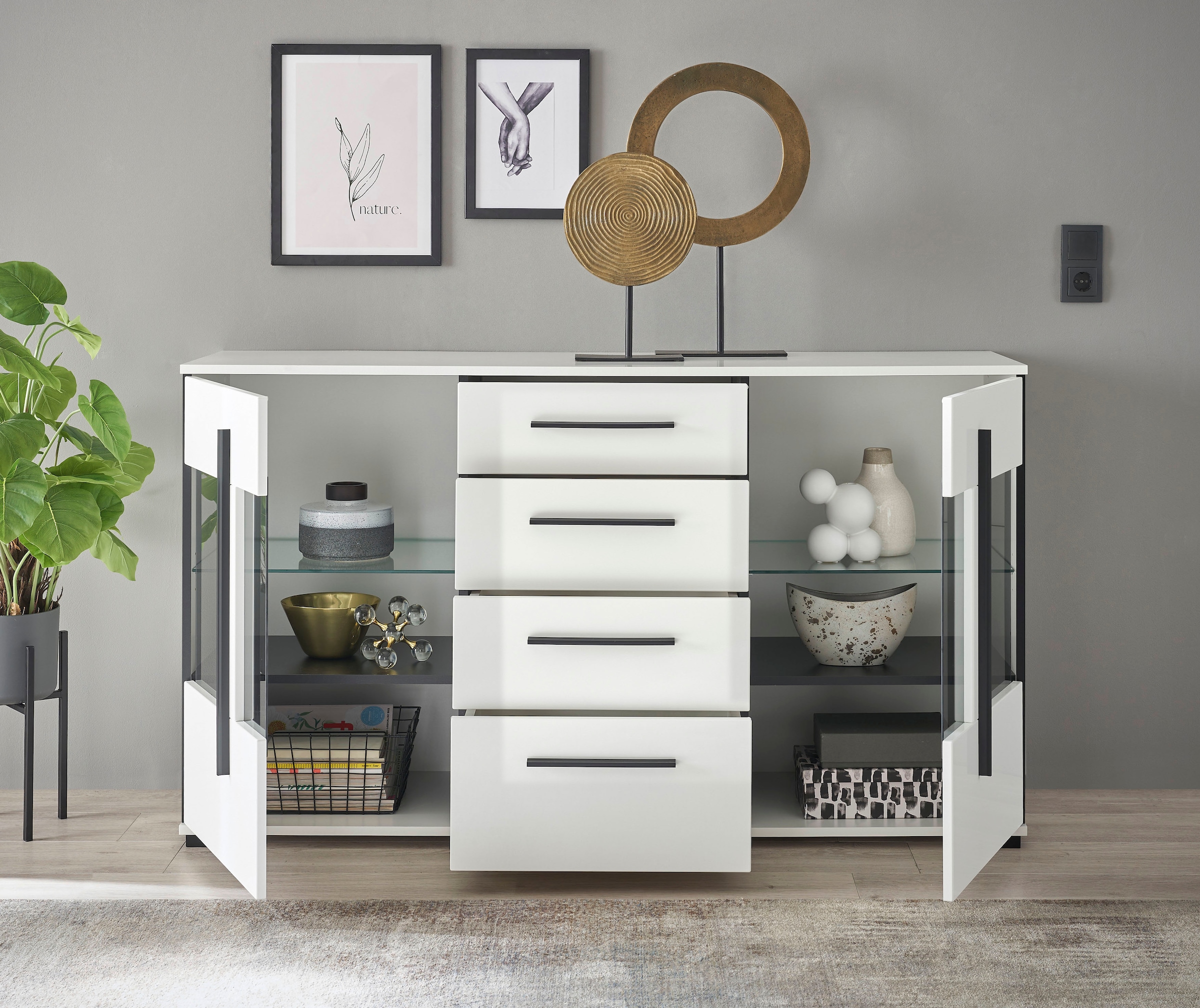 INOSIGN Sideboard »Cantara, moderner Schrank, Kommode in Eiche Evoke oder weiß«, schwarze Stangengriffe, ausreichend Stauraum, vielseitig einsetzbar