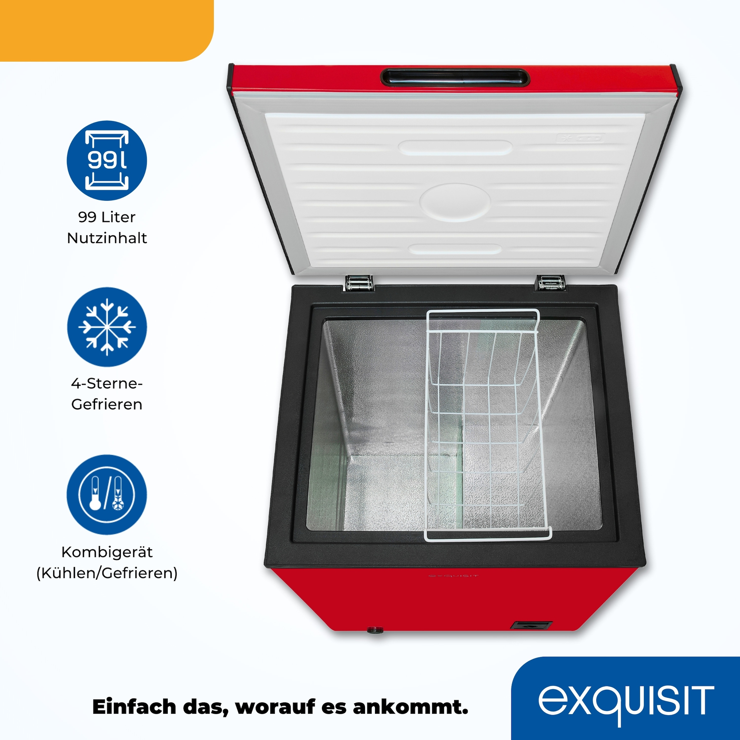 exquisit Gefriertruhe »GT100-050E rot« 83,5 cm hoch 54,5 cm breit 4*-Gefriertruhe mit ergonomischer Griffmulde – bequem zu öffnen