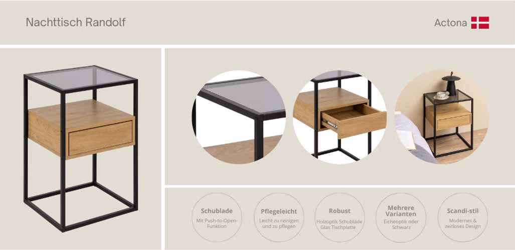 ACTONA GROUP Nachttisch »Randolf, Nachtschrank, skandinavisches Design, gehärtetes Rauchglas«, Schublade in Holzoptik mit Push-to-Open-Funktion, Stahlbeine, B: 40 cm