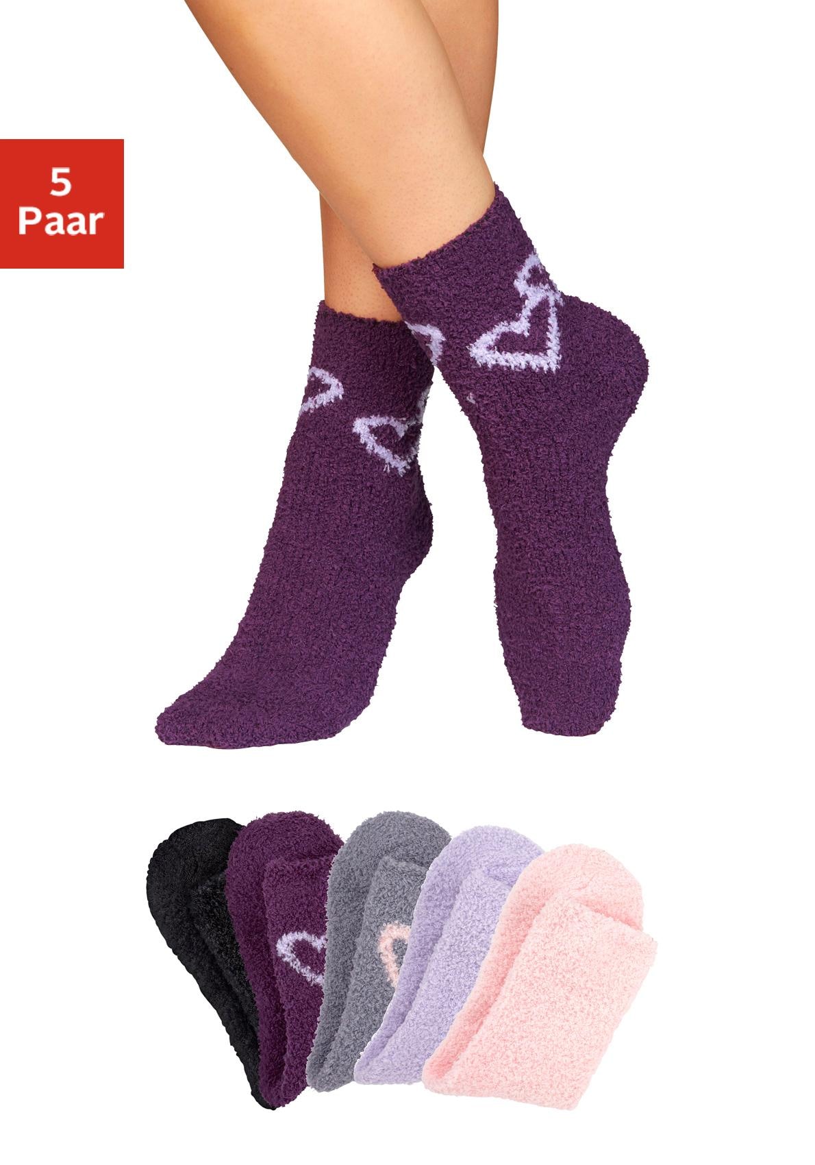 Lavana Kuschelsocken "Damen Flauschige Wintersocken Haussocken Bittsocken" Packung, 5 Stk. tlg. mit Herzen am Bund