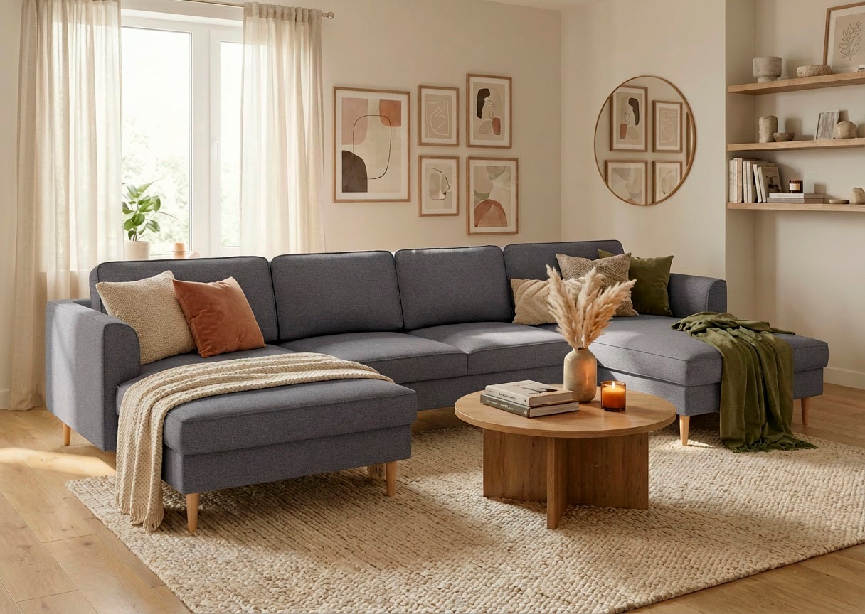 Home affaire "Booster, whlw. mit Schlaffunktion & Bettkasten, Fuß Buche lackiert" Sofa in U-Form, Breite 305 cm, in Cord oder Struktur